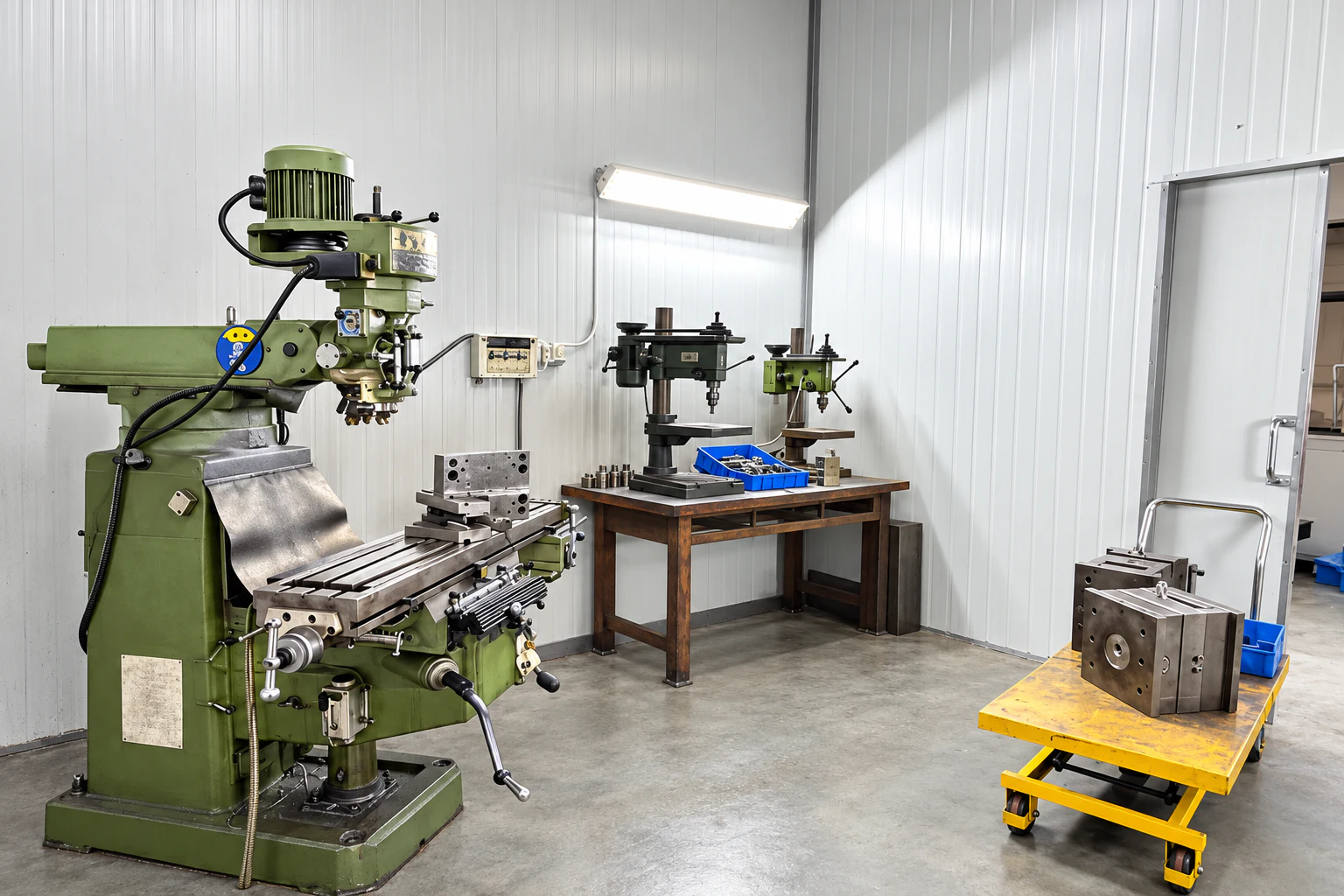 Tooling area with a milling machine, drill presses and a mould on a trolley