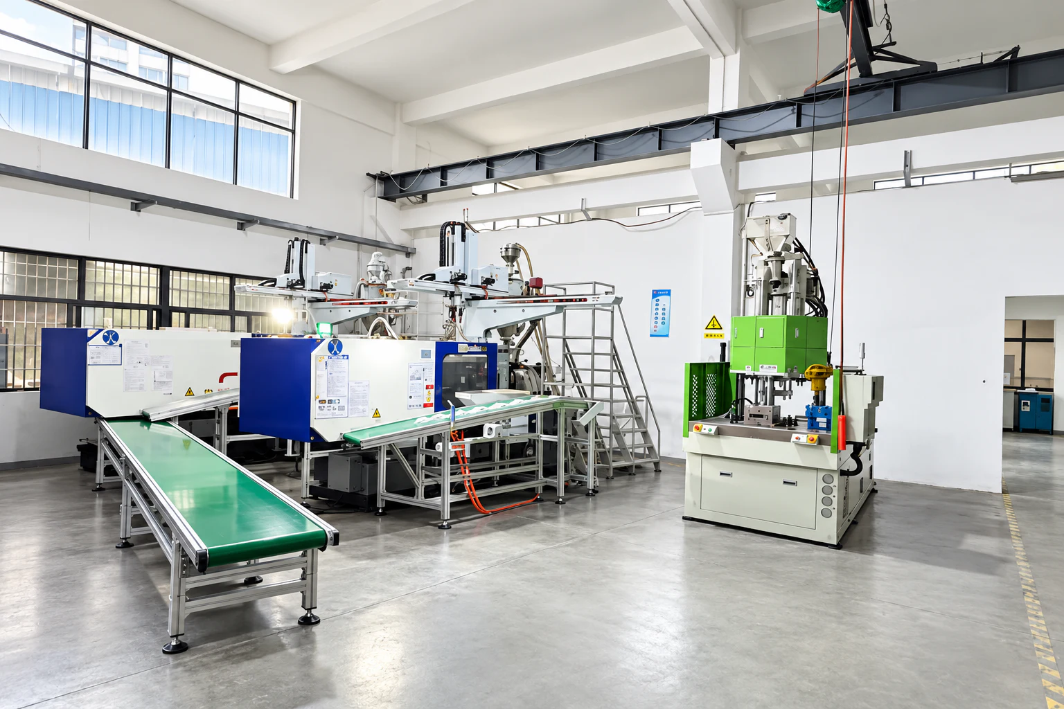 Injection moulding machines with conveyor and packing area