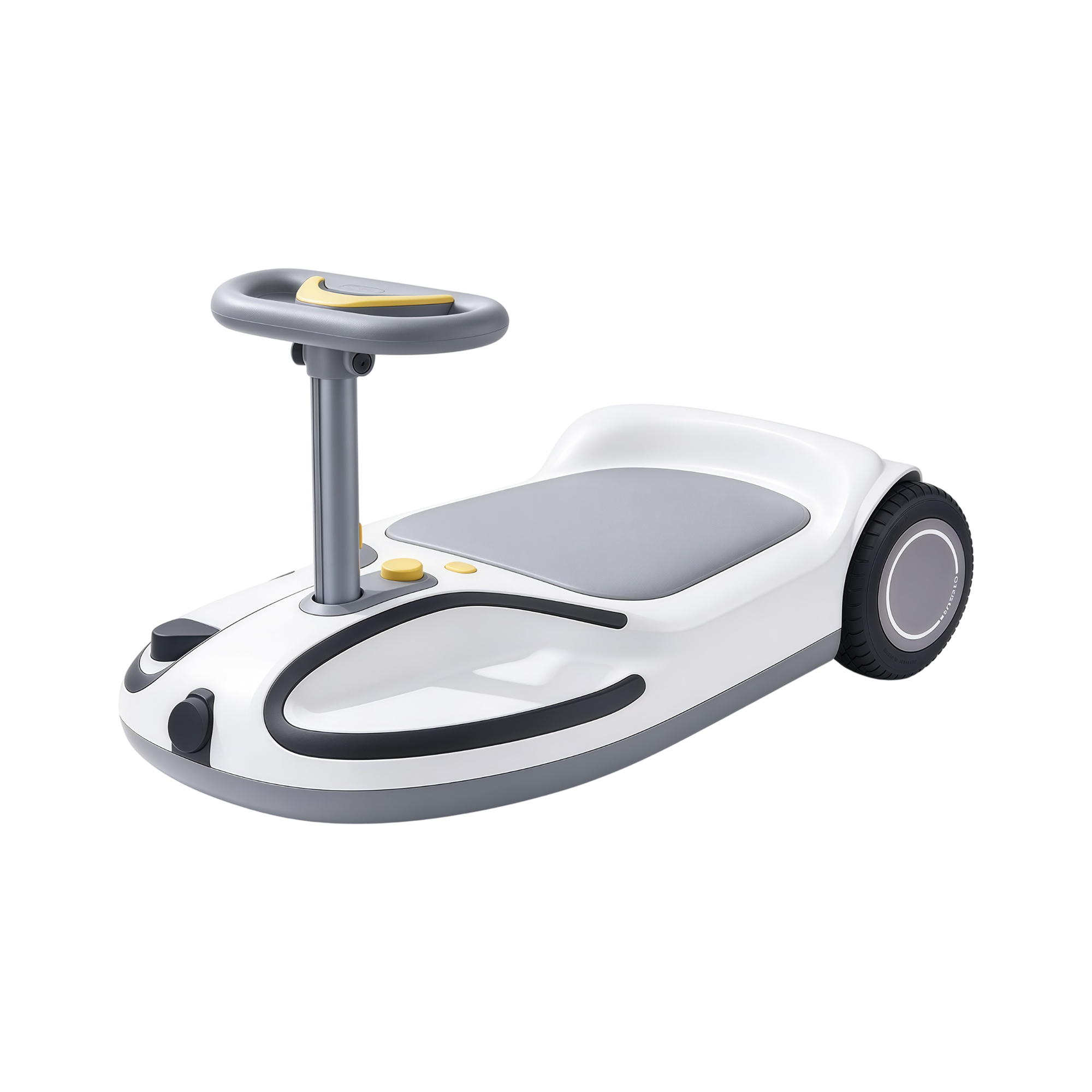 Q1 kids electric go kart with a white body, grey seat pad and yellow steering-wheel buttons