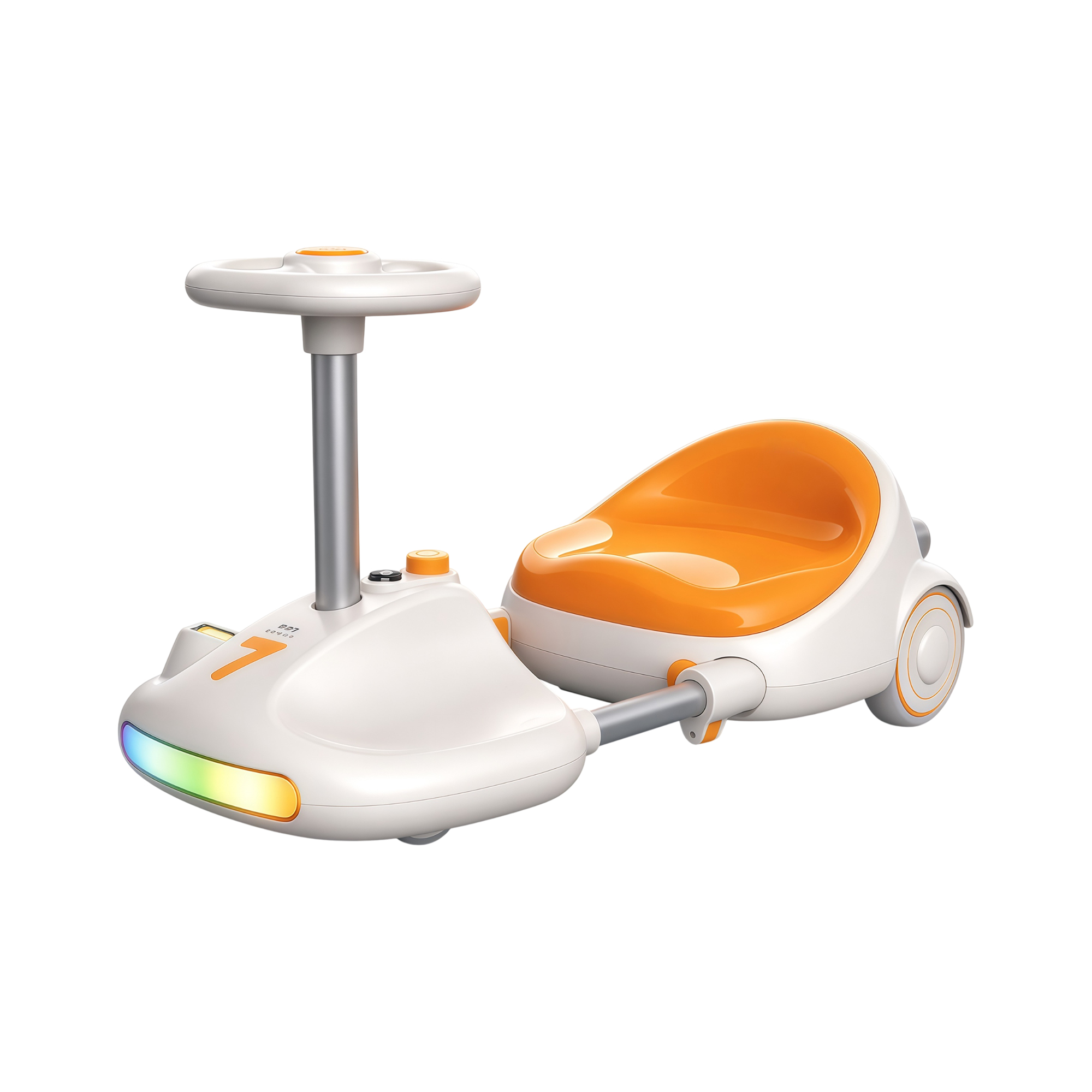 Q7 kids electric go kart with a white body, orange seat and multicolour front light strip
