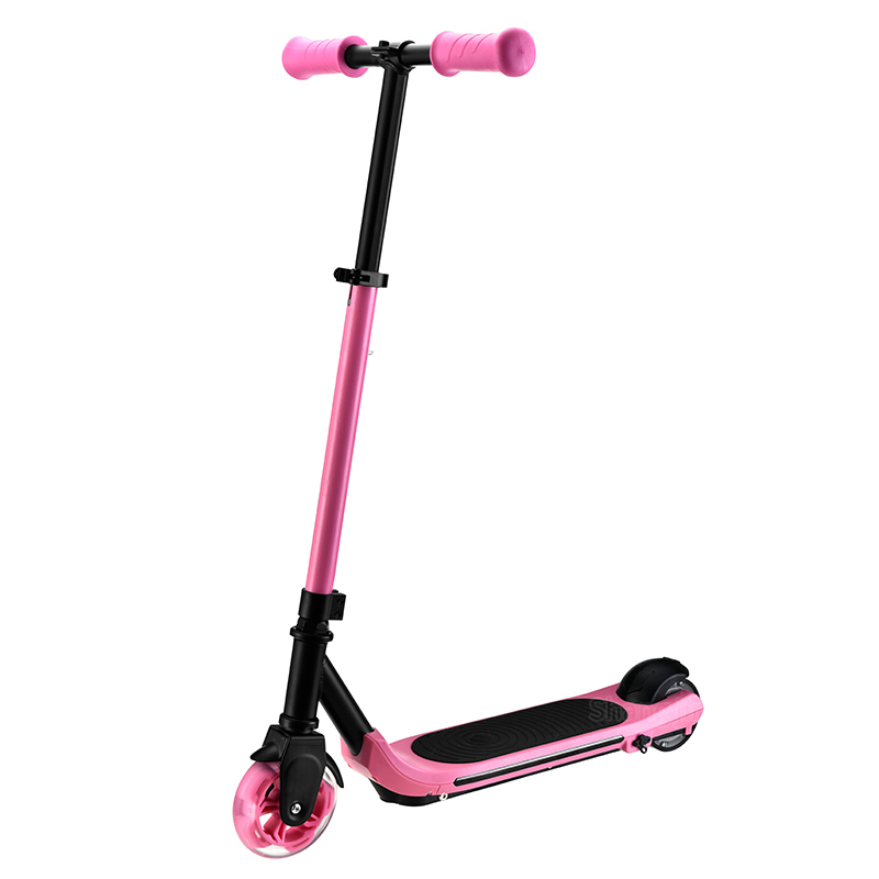 SC007 kids electric scooter with a pink stem and deck and black handlebar