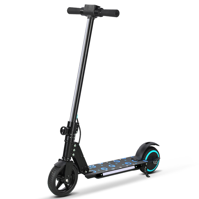 SC001 black kids electric scooter with a blue deck pattern and blue accent around the rear wheel
