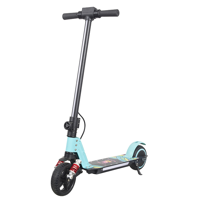 SC002 kids electric scooter with a turquoise stem, patterned deck and black wheels