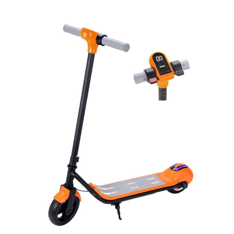 SC003 kids electric scooter with an orange handlebar module, black stem and patterned deck