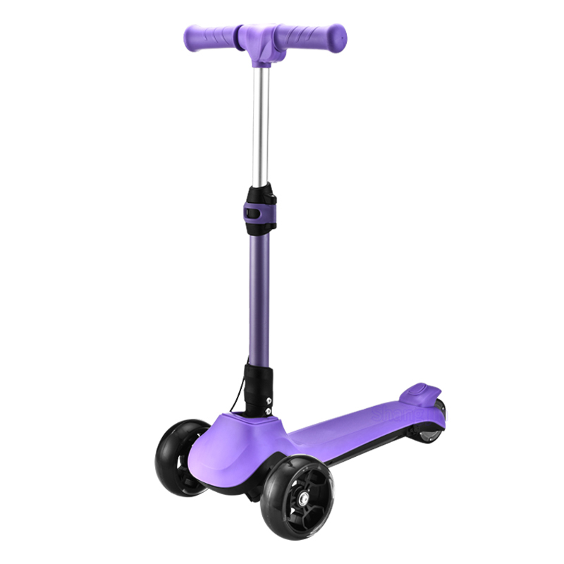 SC008 kids electric scooter with a purple stem and body and two front wheels
