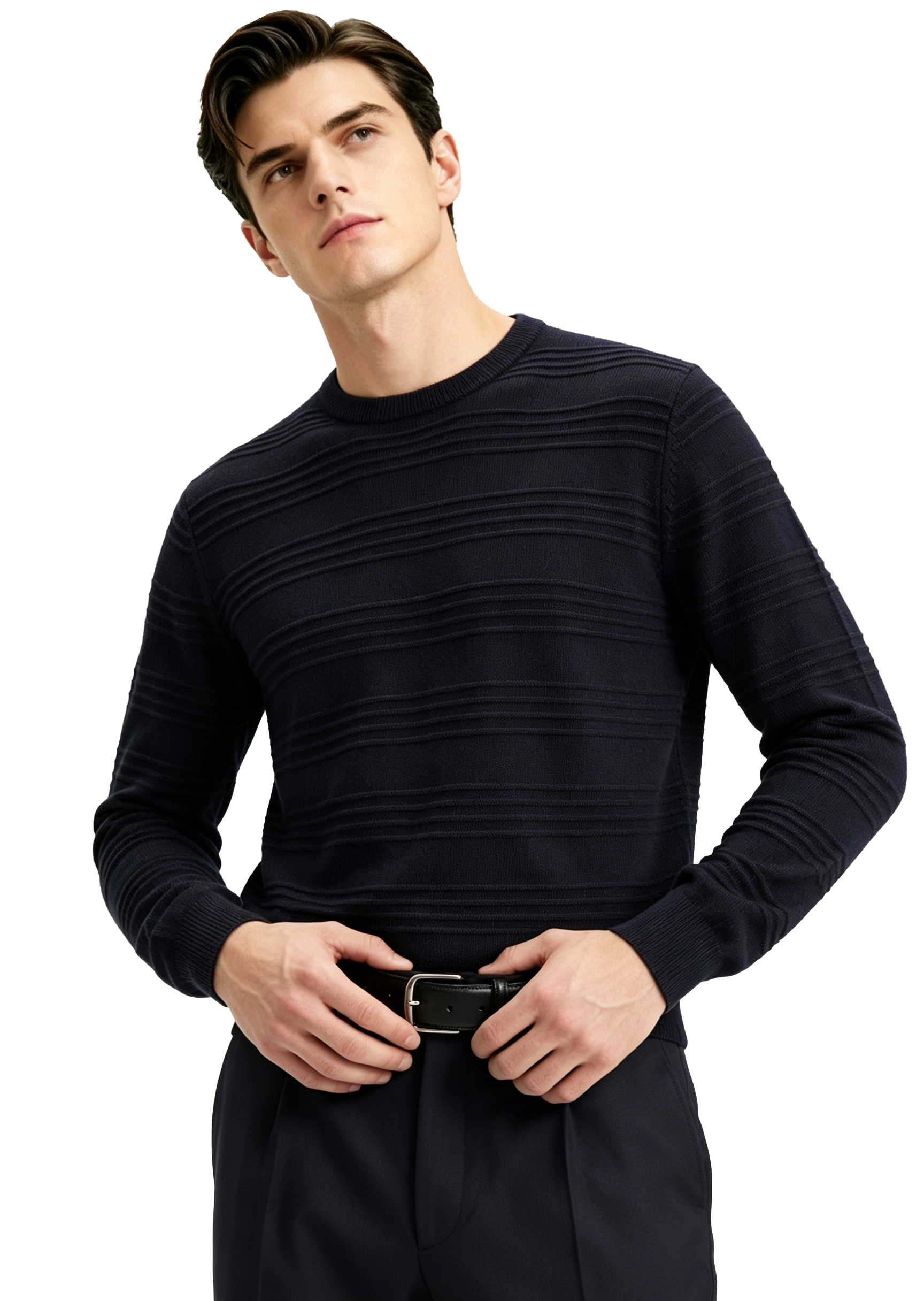 M030 Men's Horizontal Texture Crew Neck Knit Sweater