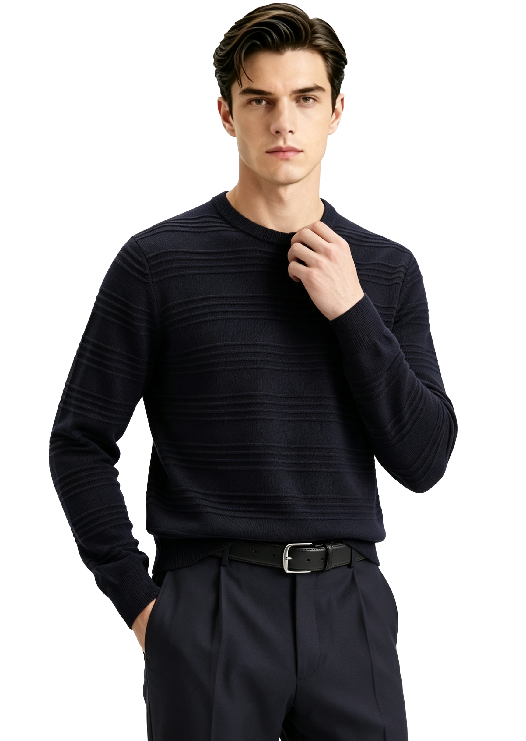M030 Men's Horizontal Texture Crew Neck Knit Sweater
