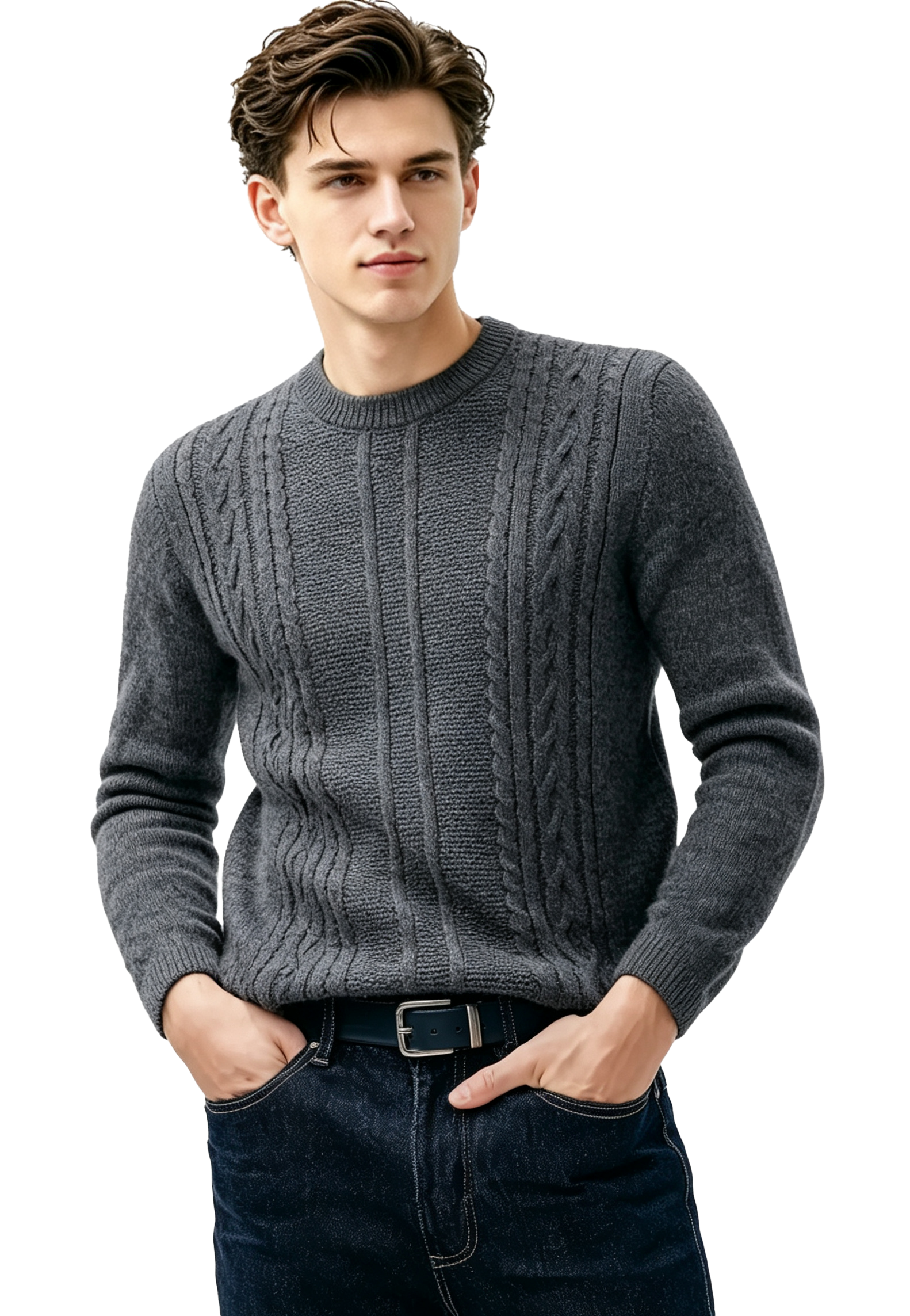 M032 Men's Vertical Cable Crew Neck Knit Sweater