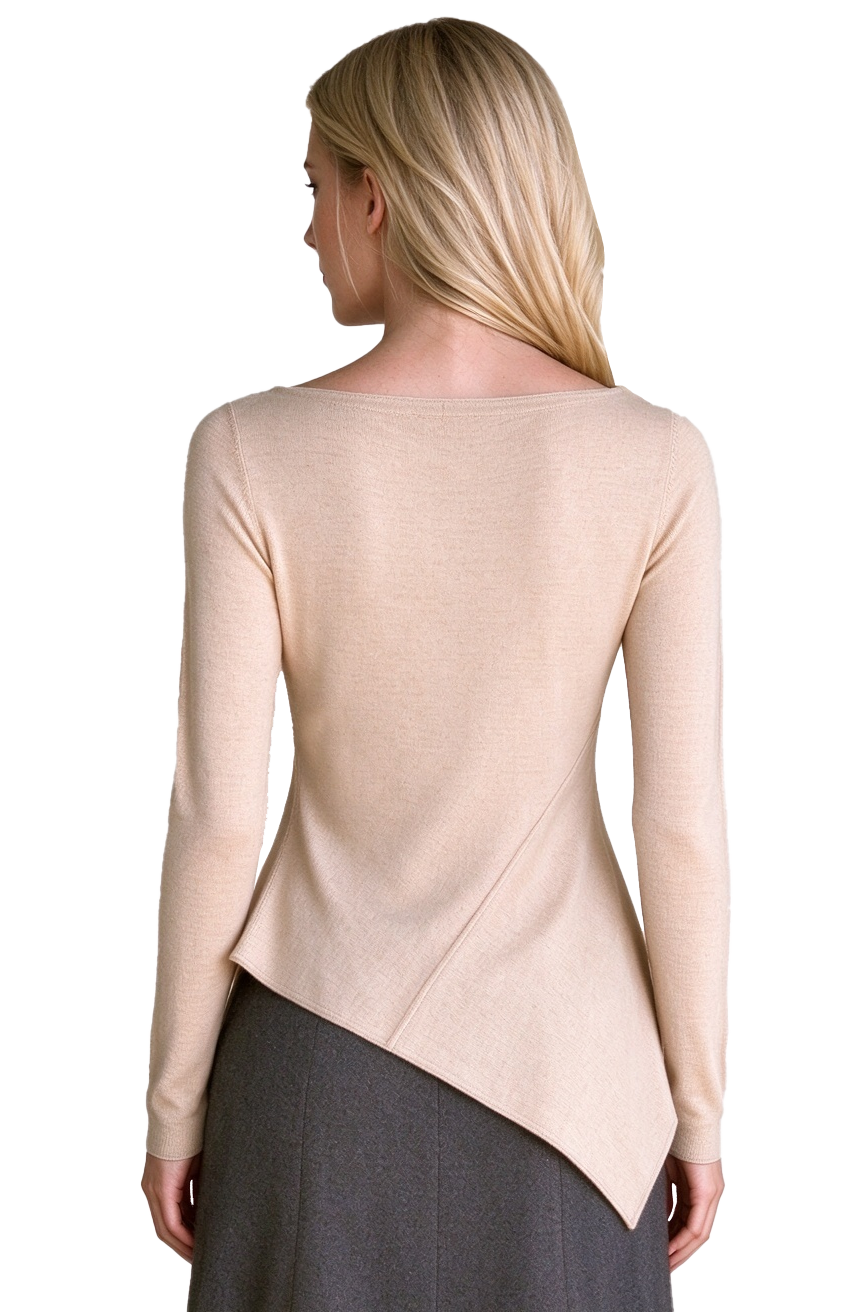S123 Women's Boat Neck Diagonal Cut Asymmetric Hem Long Sleeve Knit Top