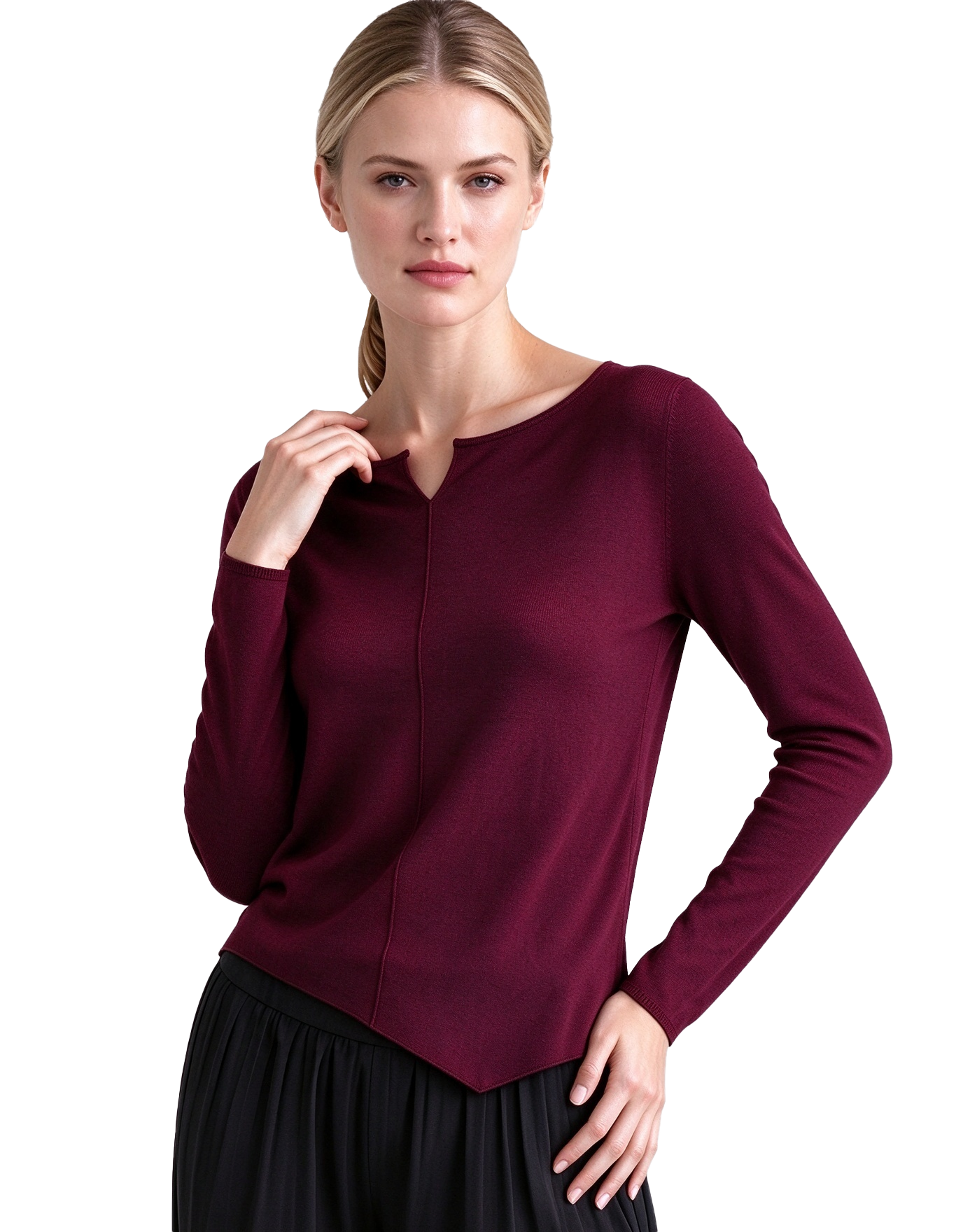 S124 Women's Notch Neck Center Seam Pointed Hem Long Sleeve Knit Top