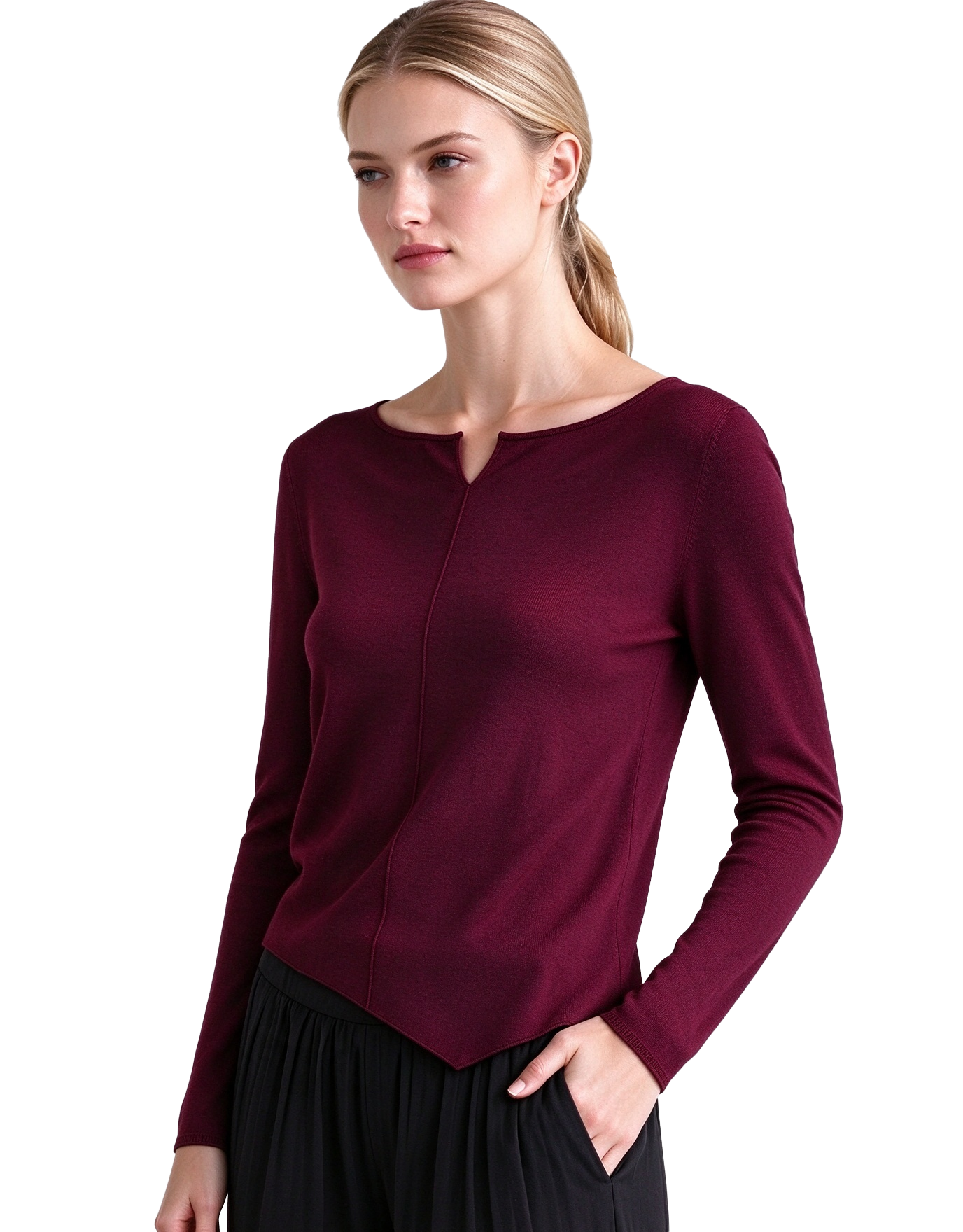 S124 Women's Notch Neck Center Seam Pointed Hem Long Sleeve Knit Top