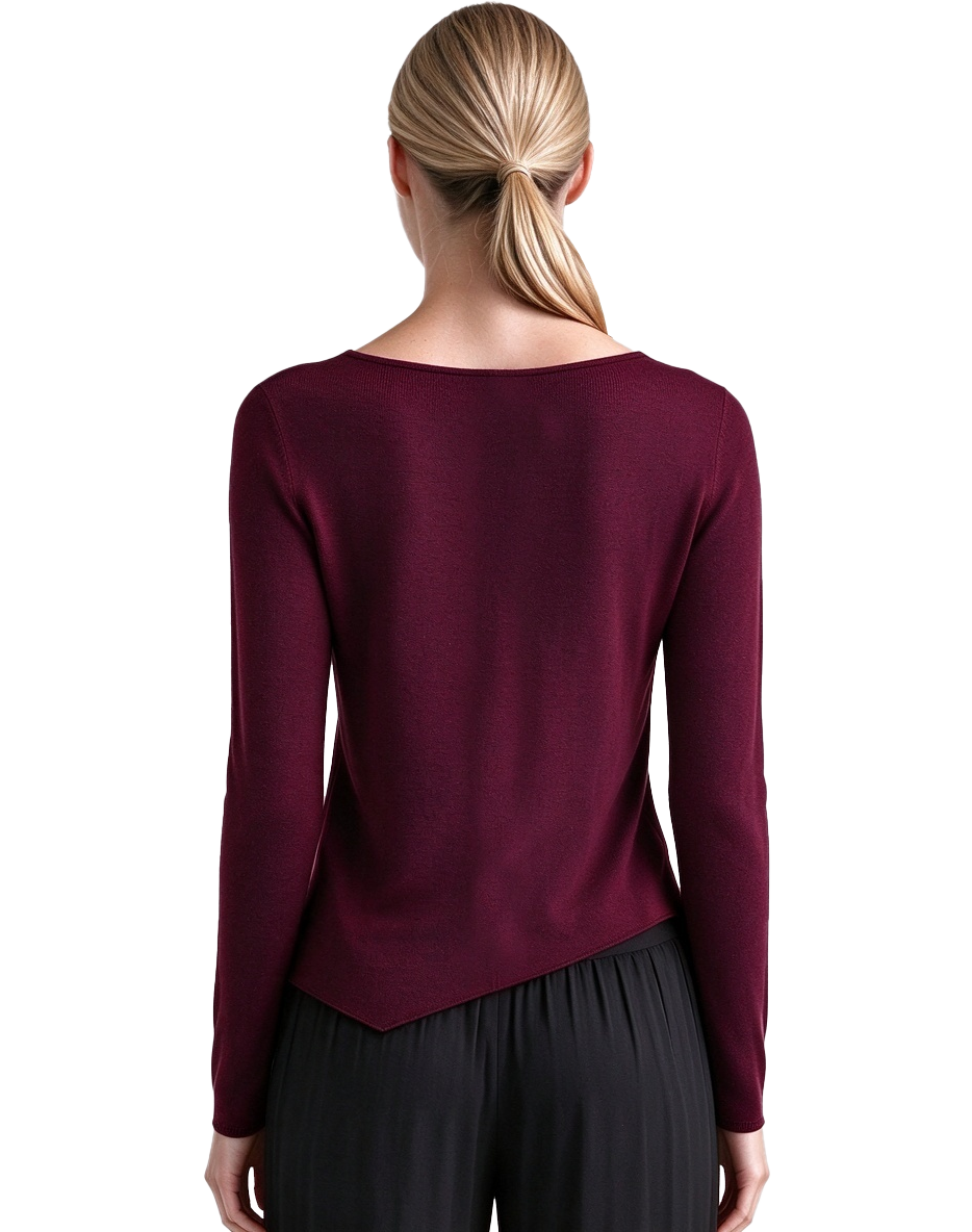S124 Women's Notch Neck Center Seam Pointed Hem Long Sleeve Knit Top