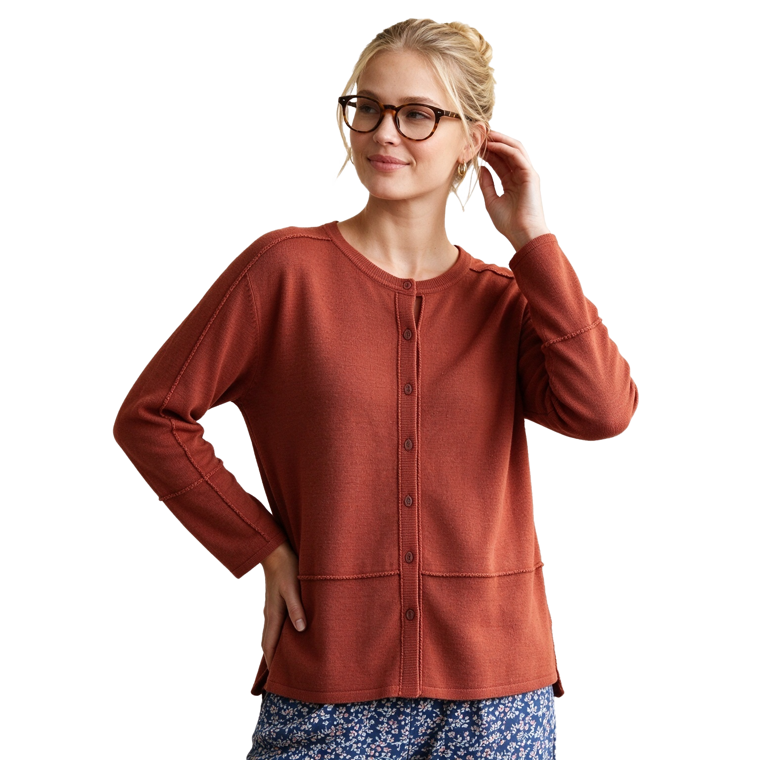 S125 Women's Round Neck Stitch Detail Long Sleeve Knit Cardigan