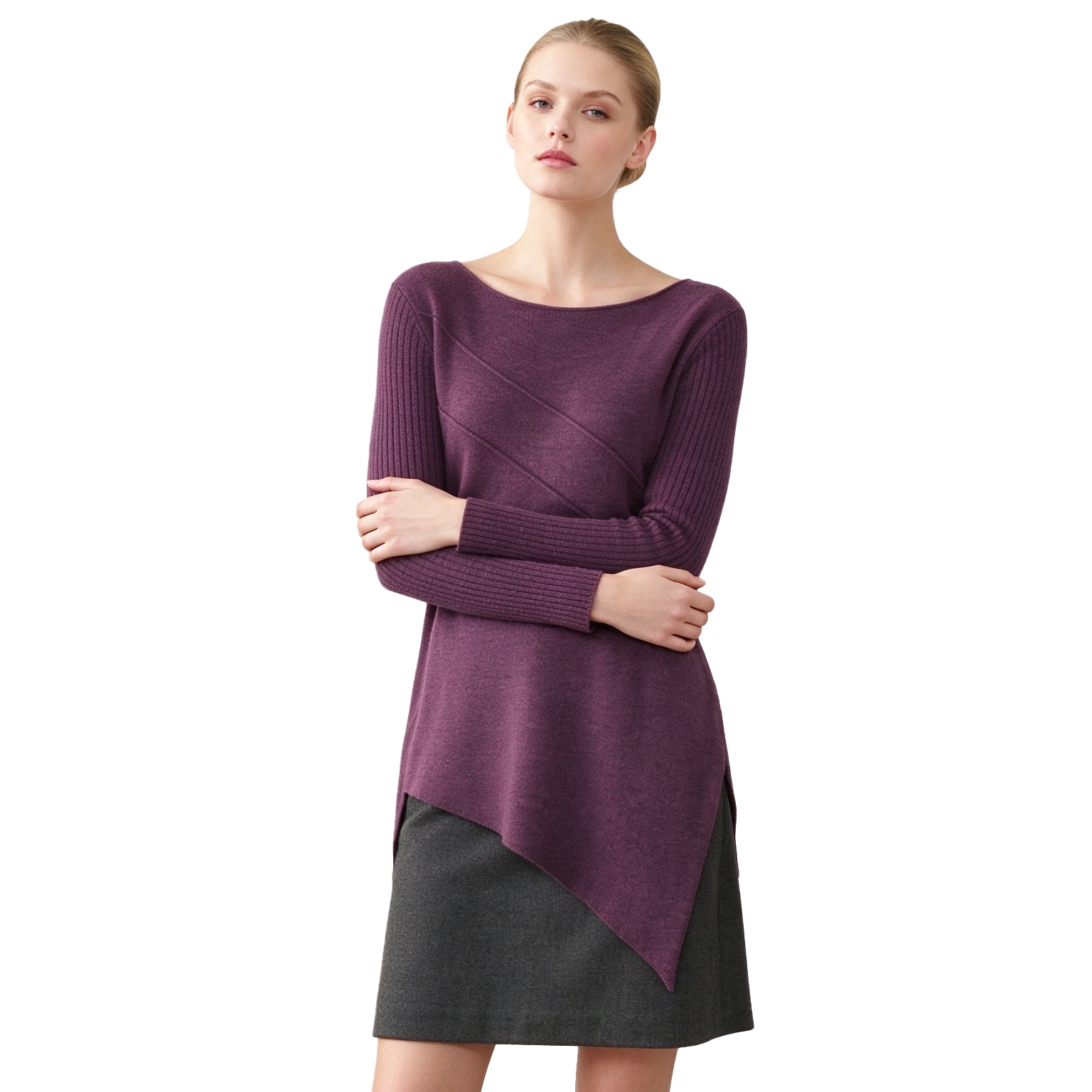 S126 Women's Boat Neck Diagonal Seam Asymmetric Hem Long Sleeve Knit Tunic