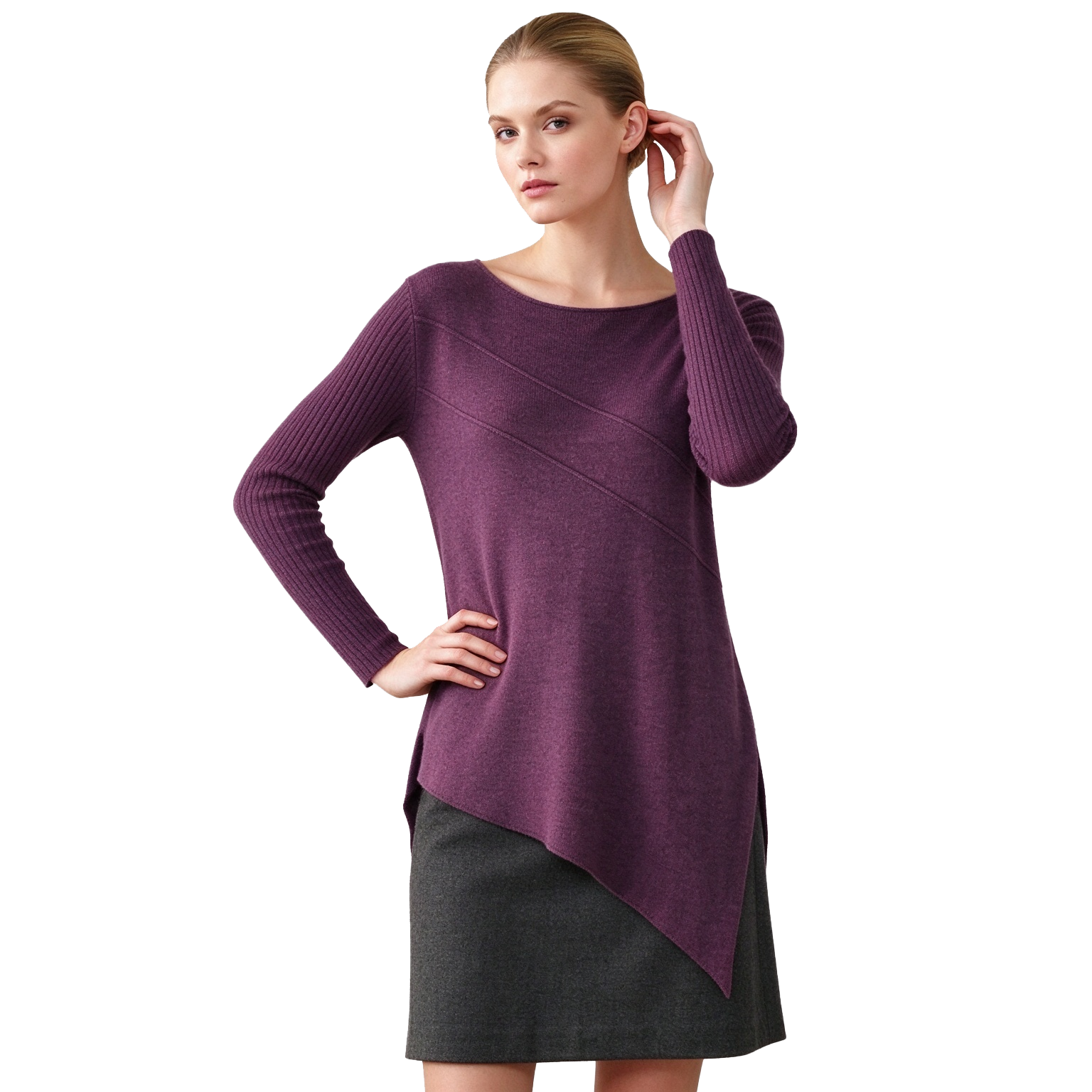 S126 Women's Boat Neck Diagonal Seam Asymmetric Hem Long Sleeve Knit Tunic