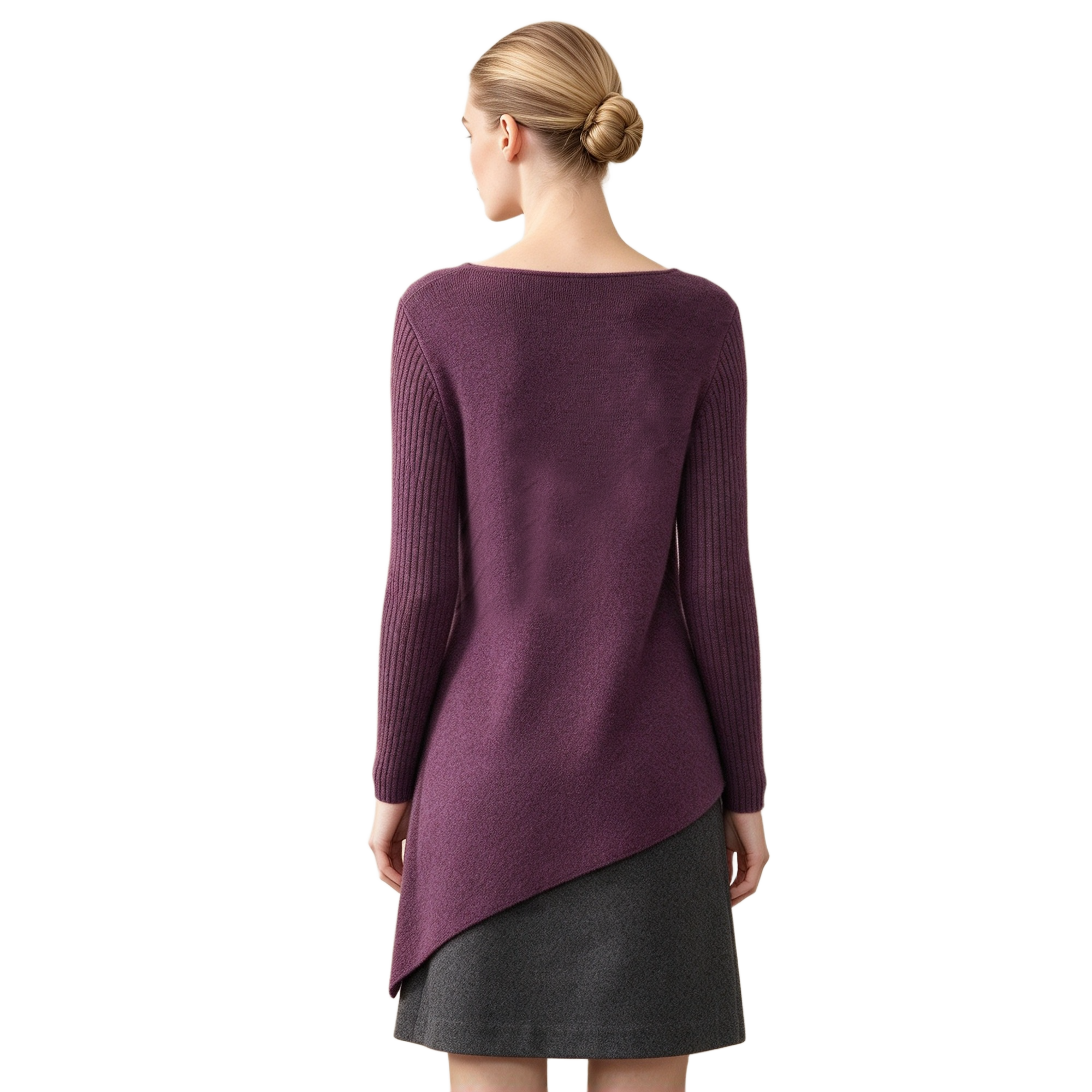 S126 Women's Boat Neck Diagonal Seam Asymmetric Hem Long Sleeve Knit Tunic