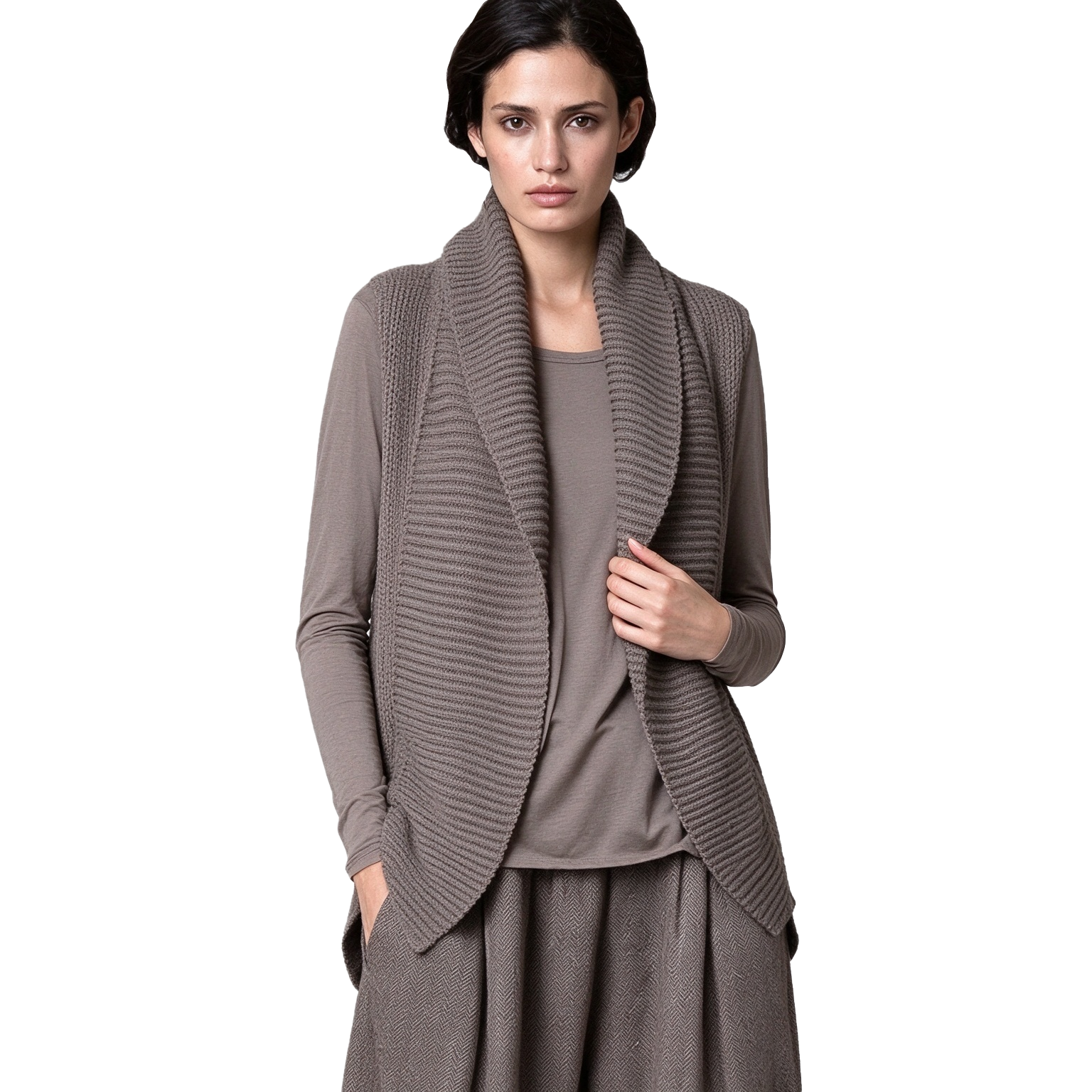 S127 Women's Wide Lapel Chunky Knit Fake Two-Piece Long Sleeve Knit Outfit