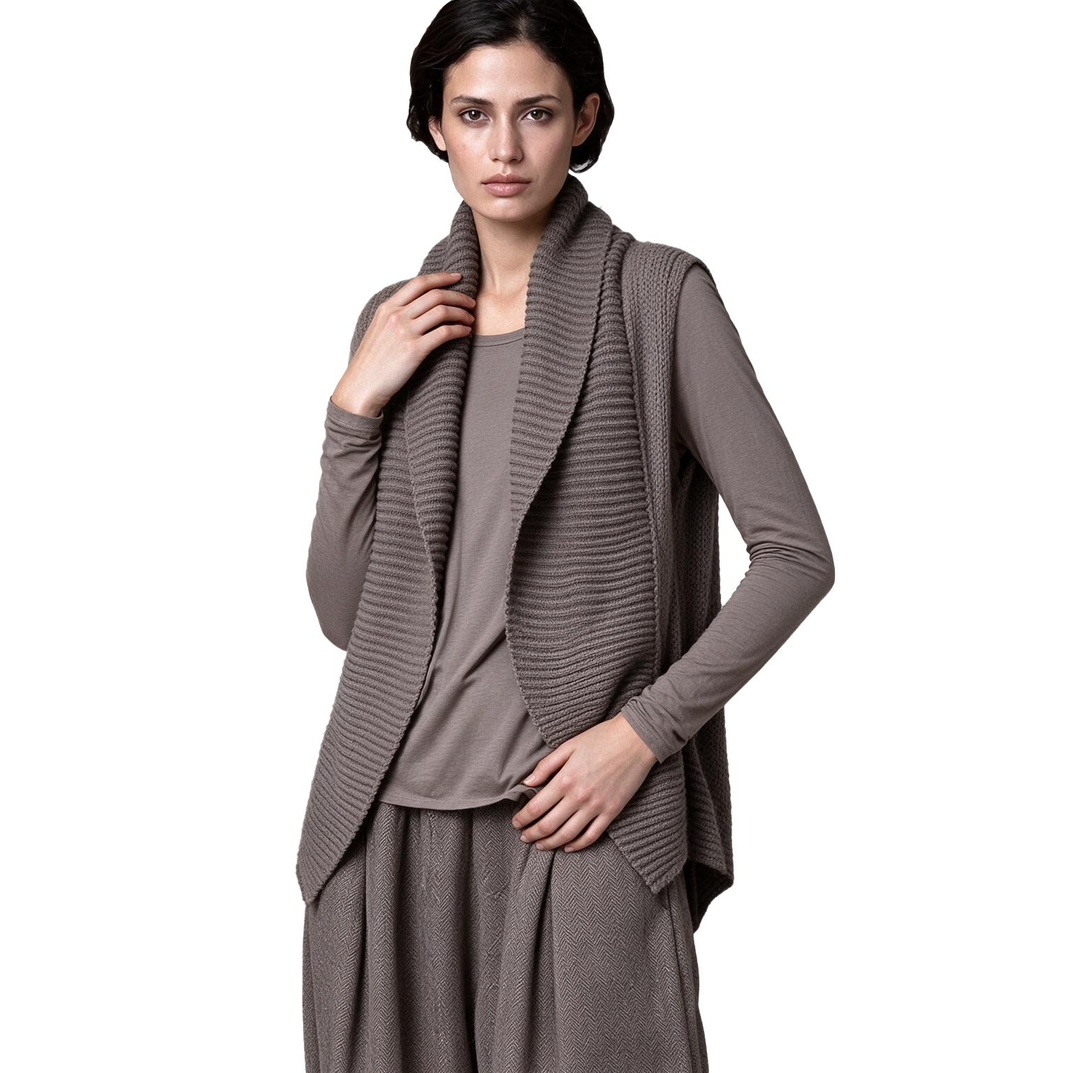 S127 Women's Wide Lapel Chunky Knit Fake Two-Piece Long Sleeve Knit Outfit