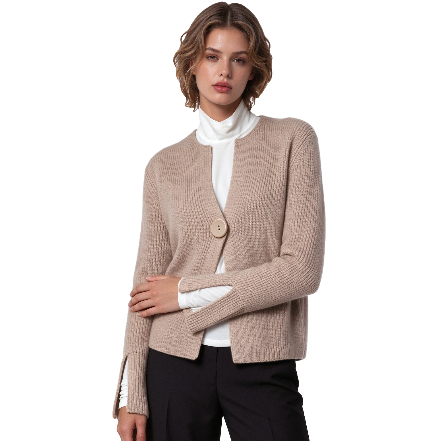 S128 Women's Round Neck Single Button Cuff Slit Long Sleeve Knit Cardigan