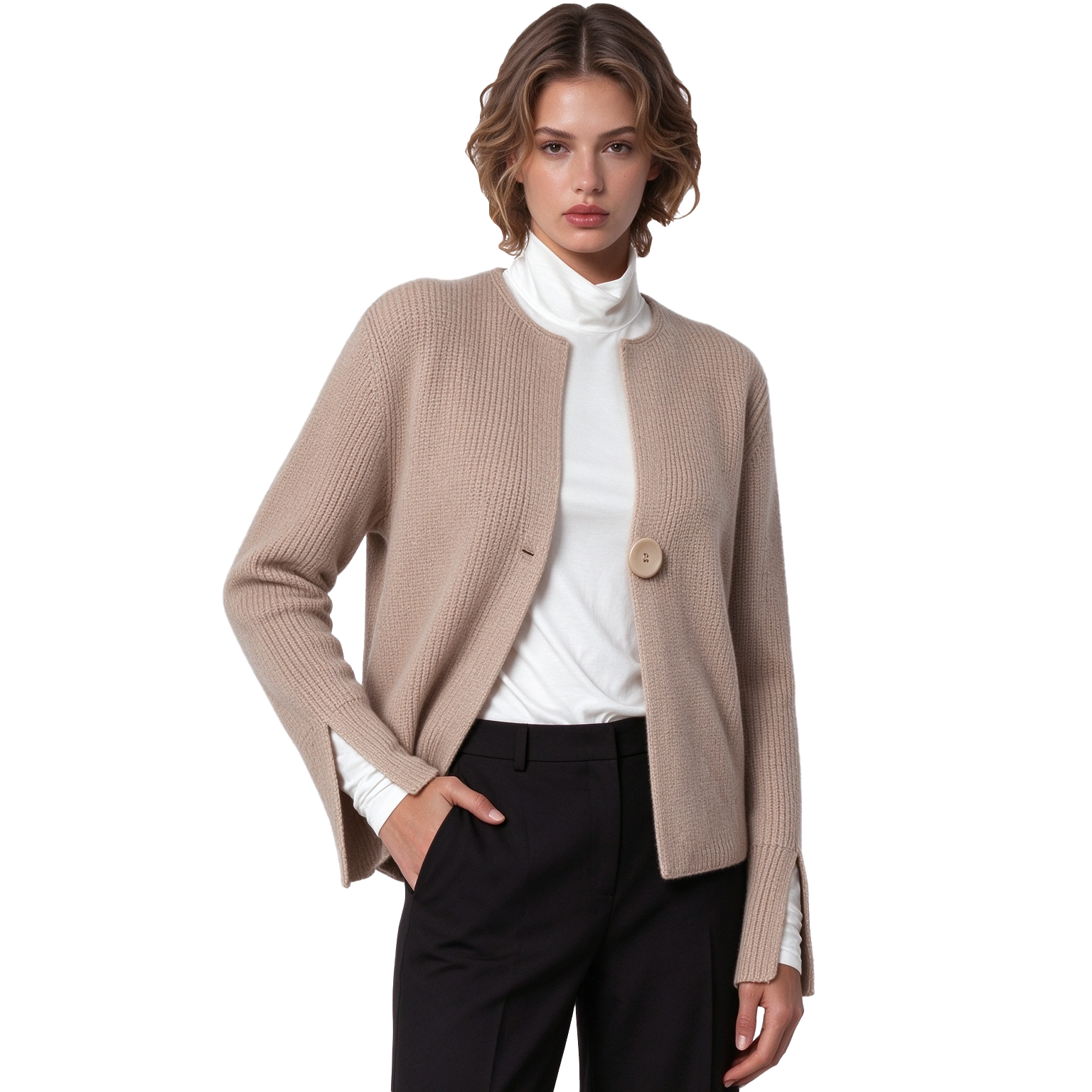 S128 Women's Round Neck Single Button Cuff Slit Long Sleeve Knit Cardigan