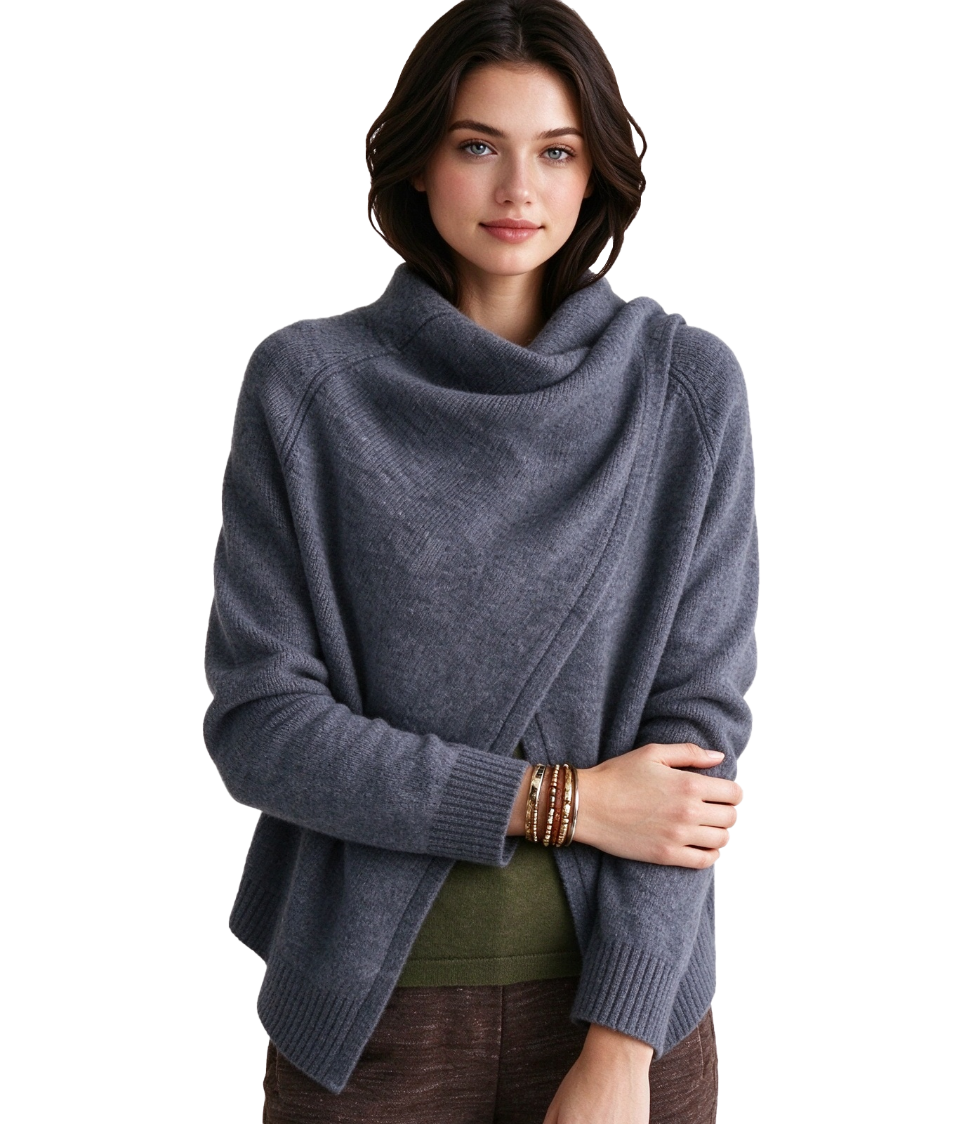 S129 Women's Cowl Neck Wrap Cross Front Slit Raglan Long Sleeve Knit Top