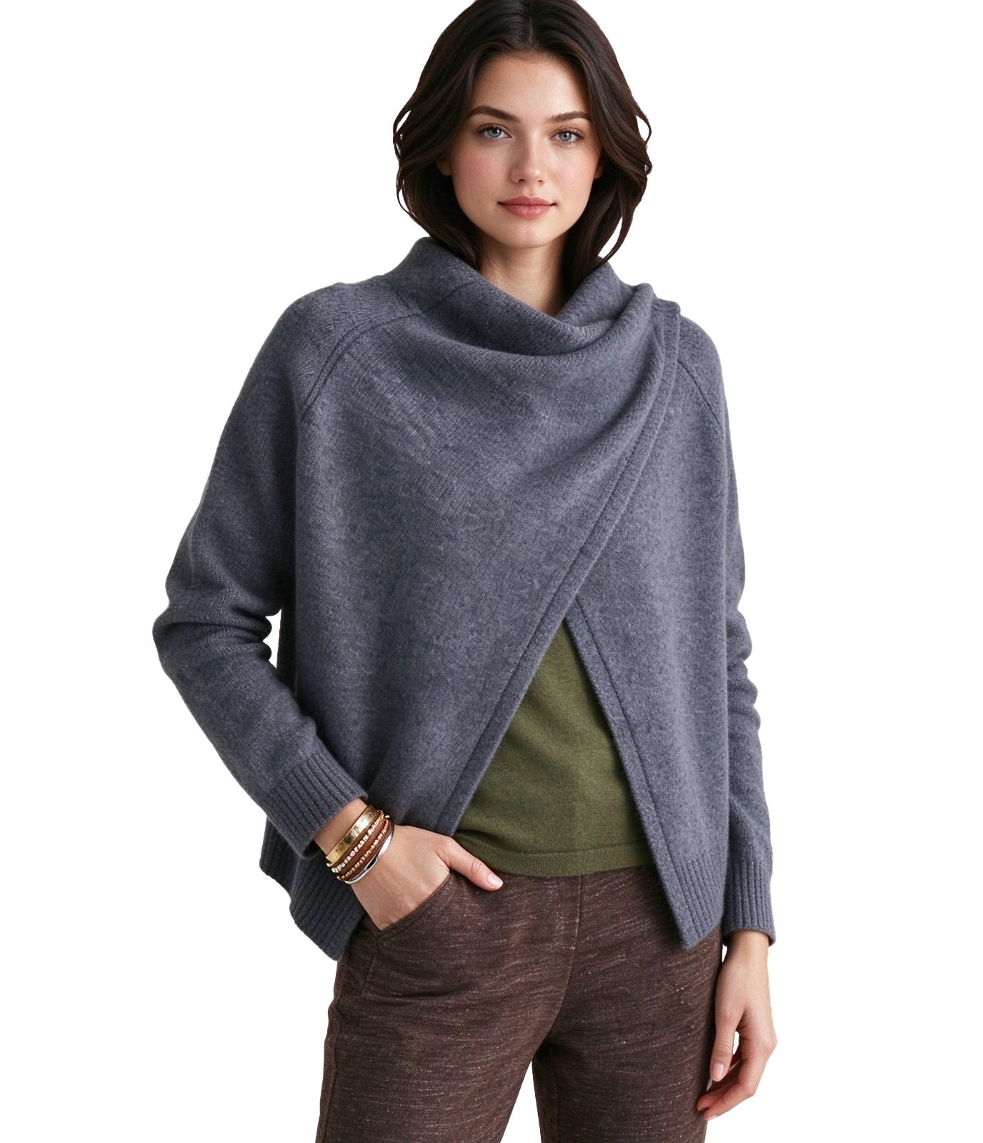 S129 Women's Cowl Neck Wrap Cross Front Slit Raglan Long Sleeve Knit Top