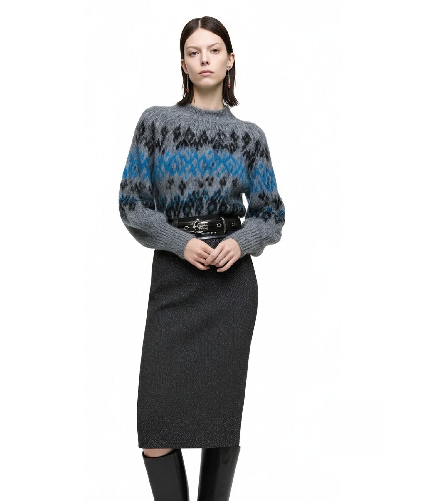 s056Misty Gray Icelandic Pattern Mohair Blend Crew Neck Sweater