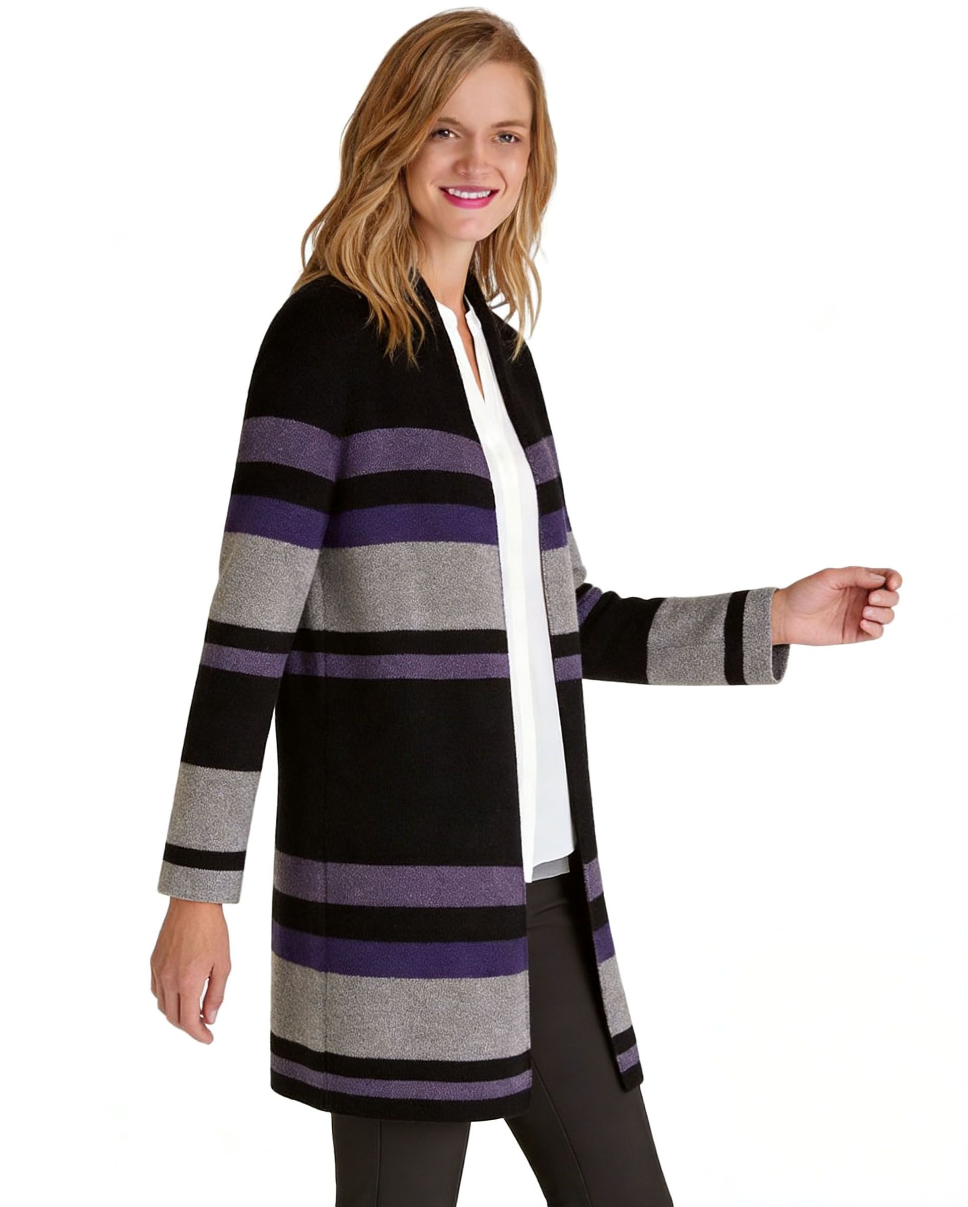 s110Purple Stripe Open Cardigan Coat