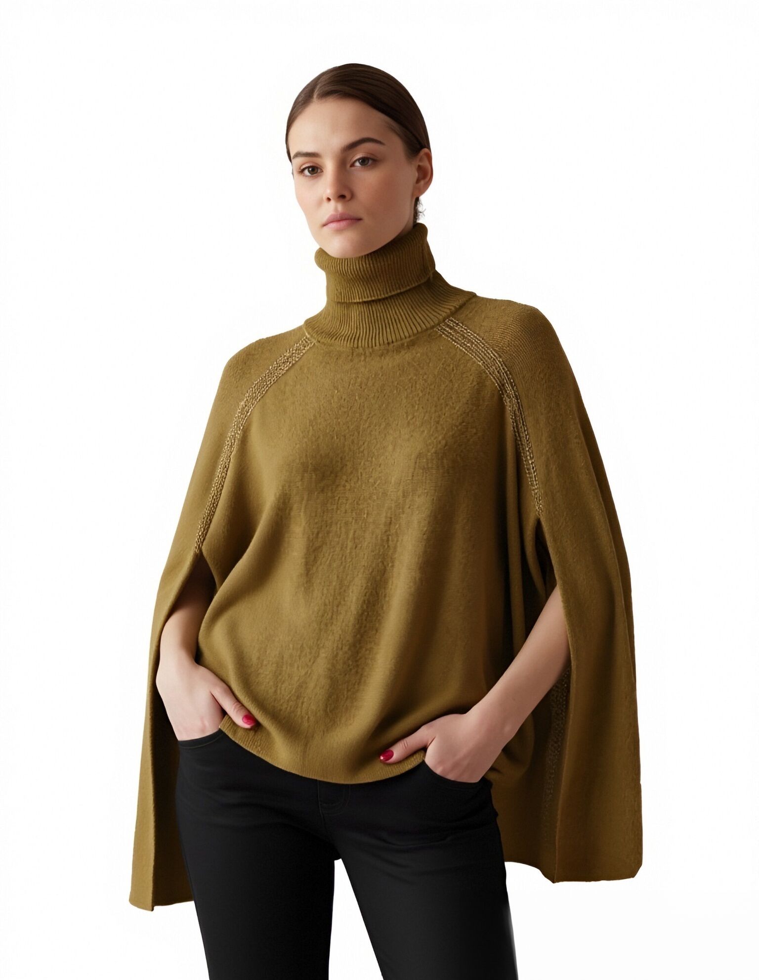 s102Mustard Green Turtleneck Cape Knit Top