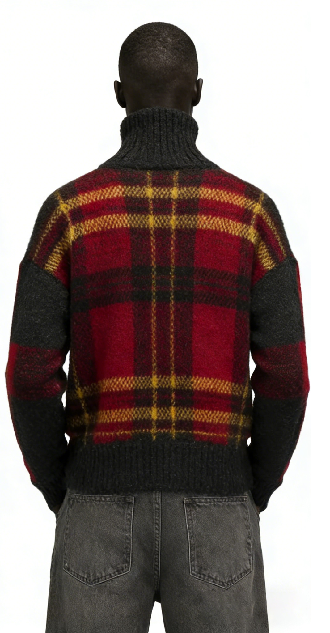 m010Flame Plaid Half-Zip Turtleneck Knit Cardigan
