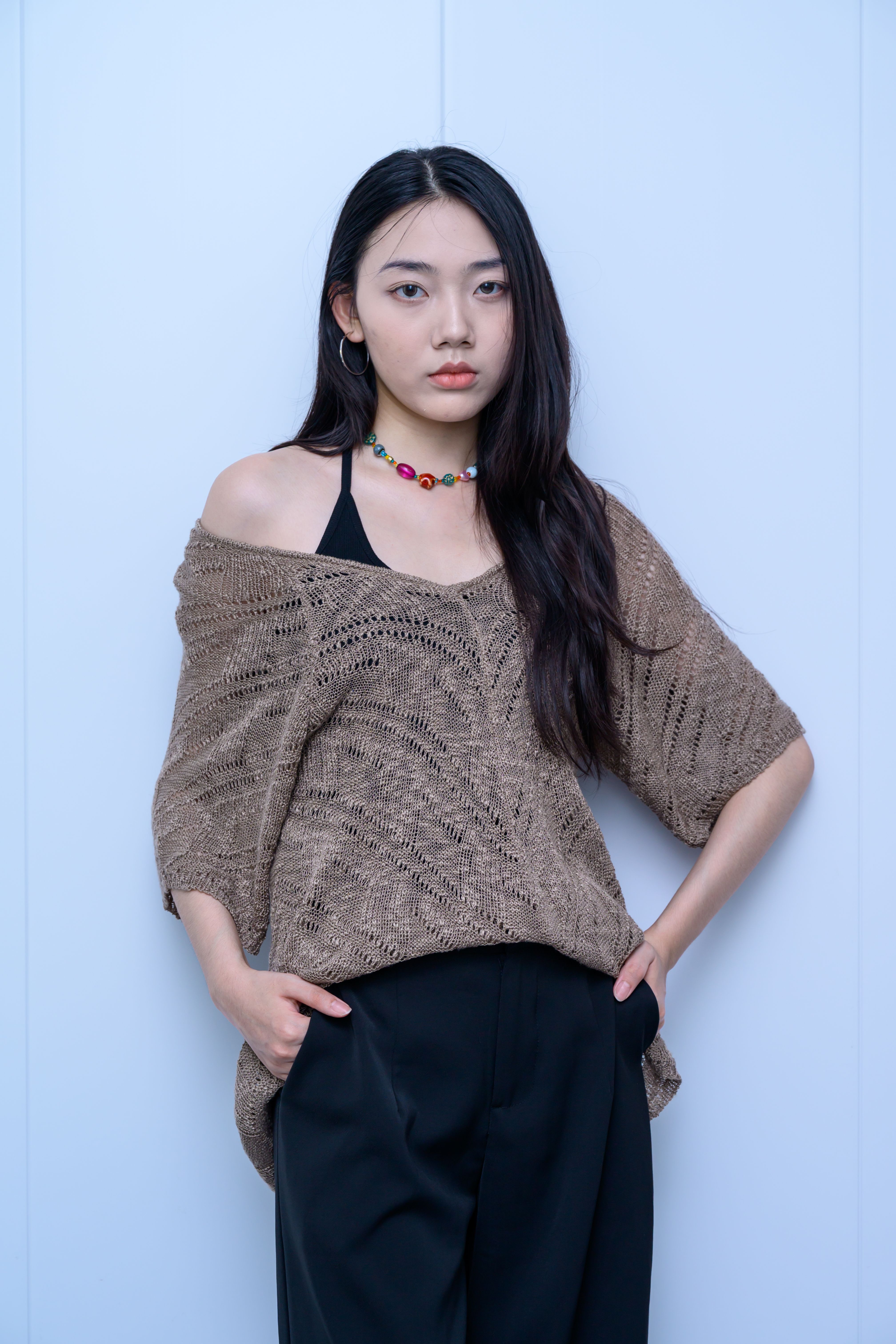 s027Coffee Brown Diagonal Hollow-Out Off-Shoulder Knit Top