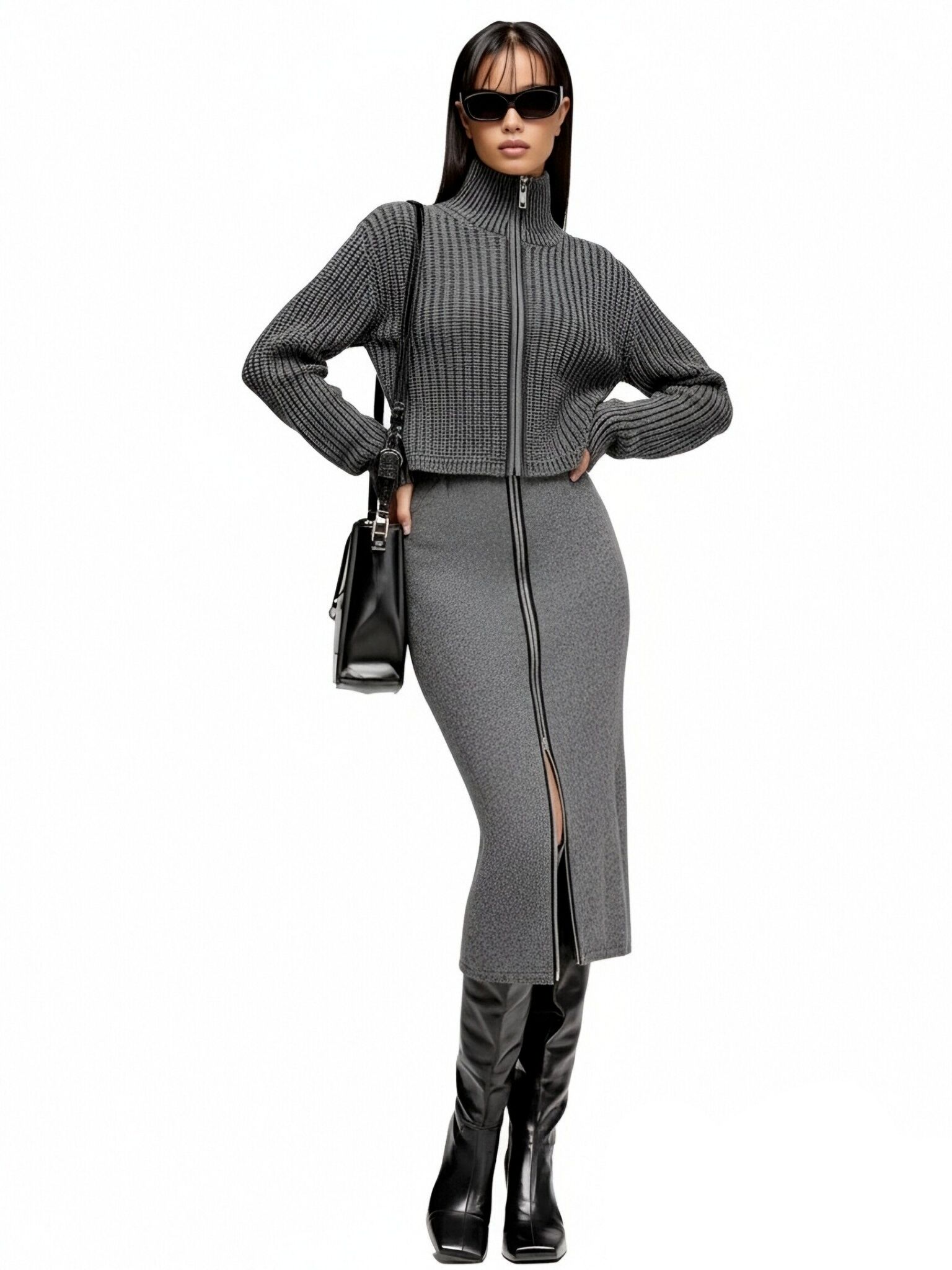 s078Charcoal Textured Zip-Up Knit Set
