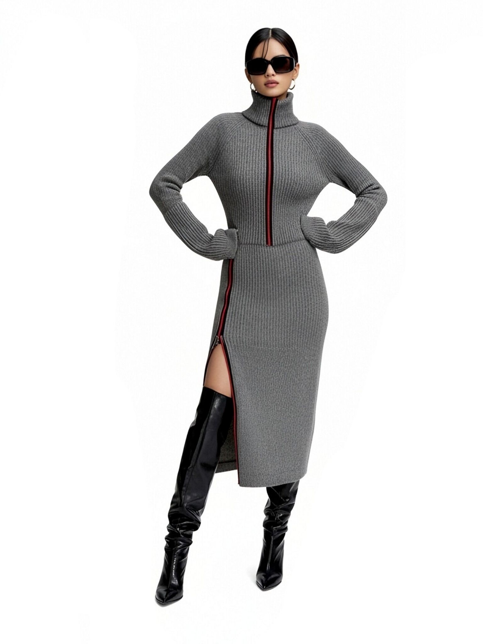 s079Grey Contrast Zip-Up Turtleneck Knit Set