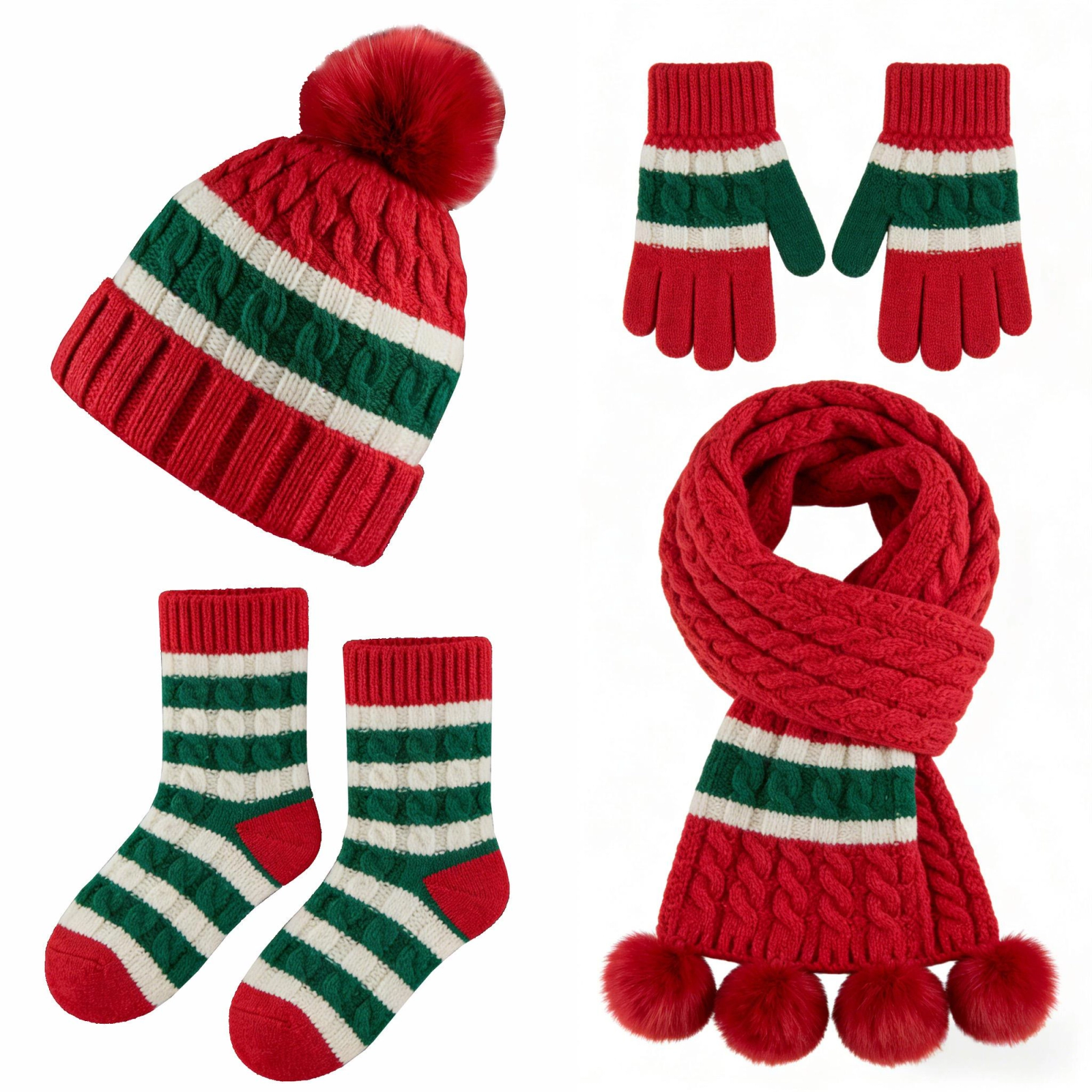 Christmas Stripe Cable Knit 4-Piece Winter Set