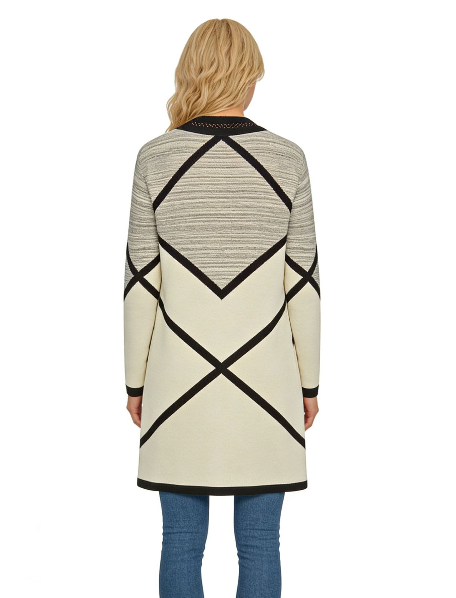 s113Geometric Diamond Color-Block Cardigan