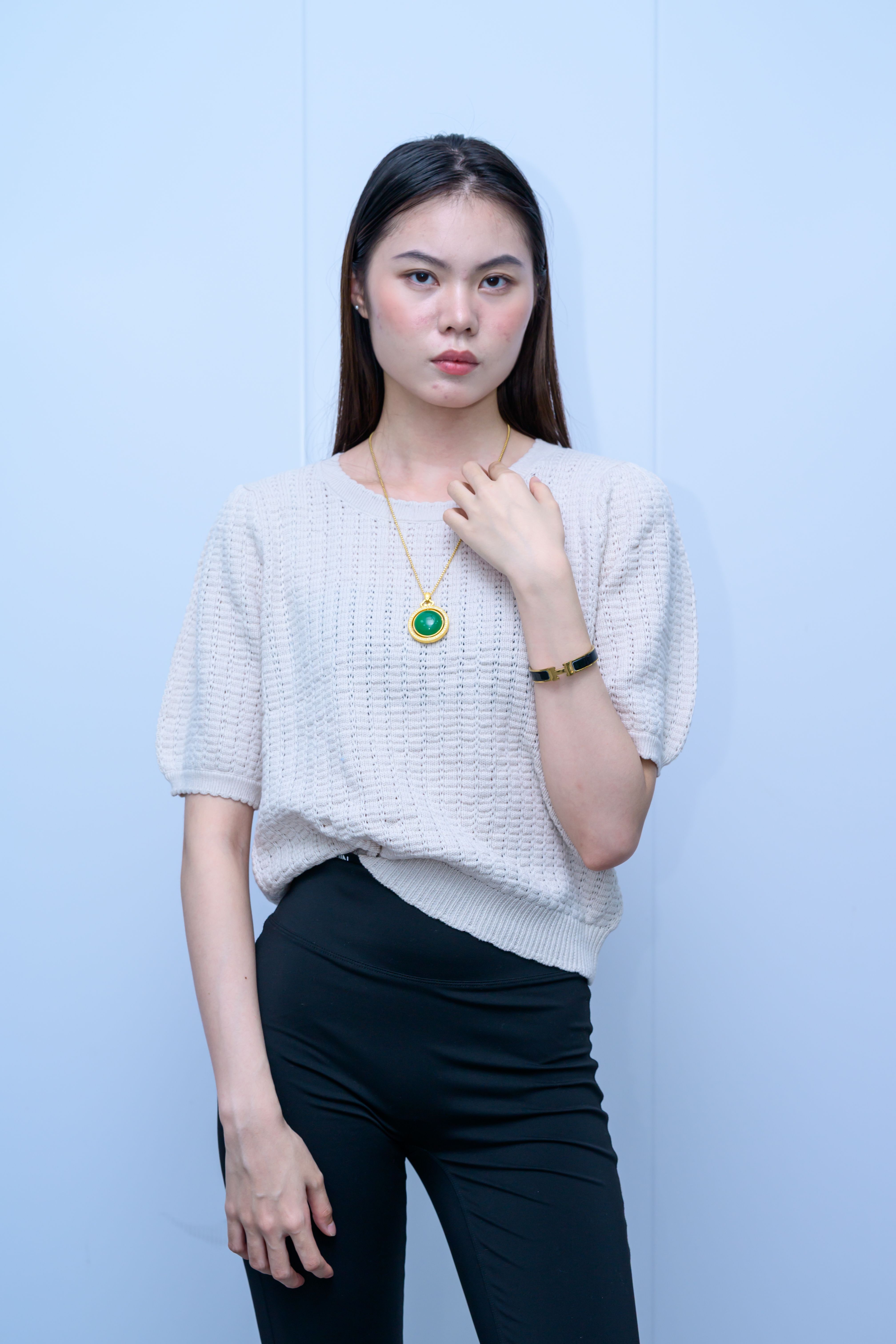 s051Off-White Puff Sleeve Waffle Knit Top
