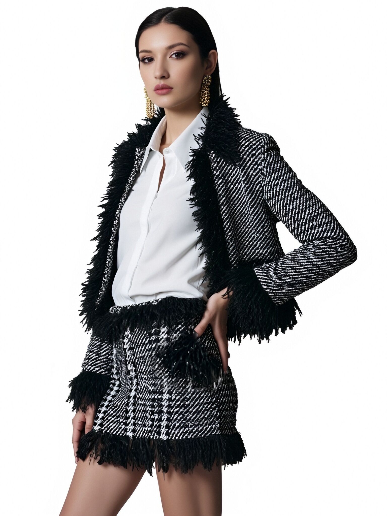 s060Black & White Tweed Fringe Trimmed Chanel-Style Co-ord Set