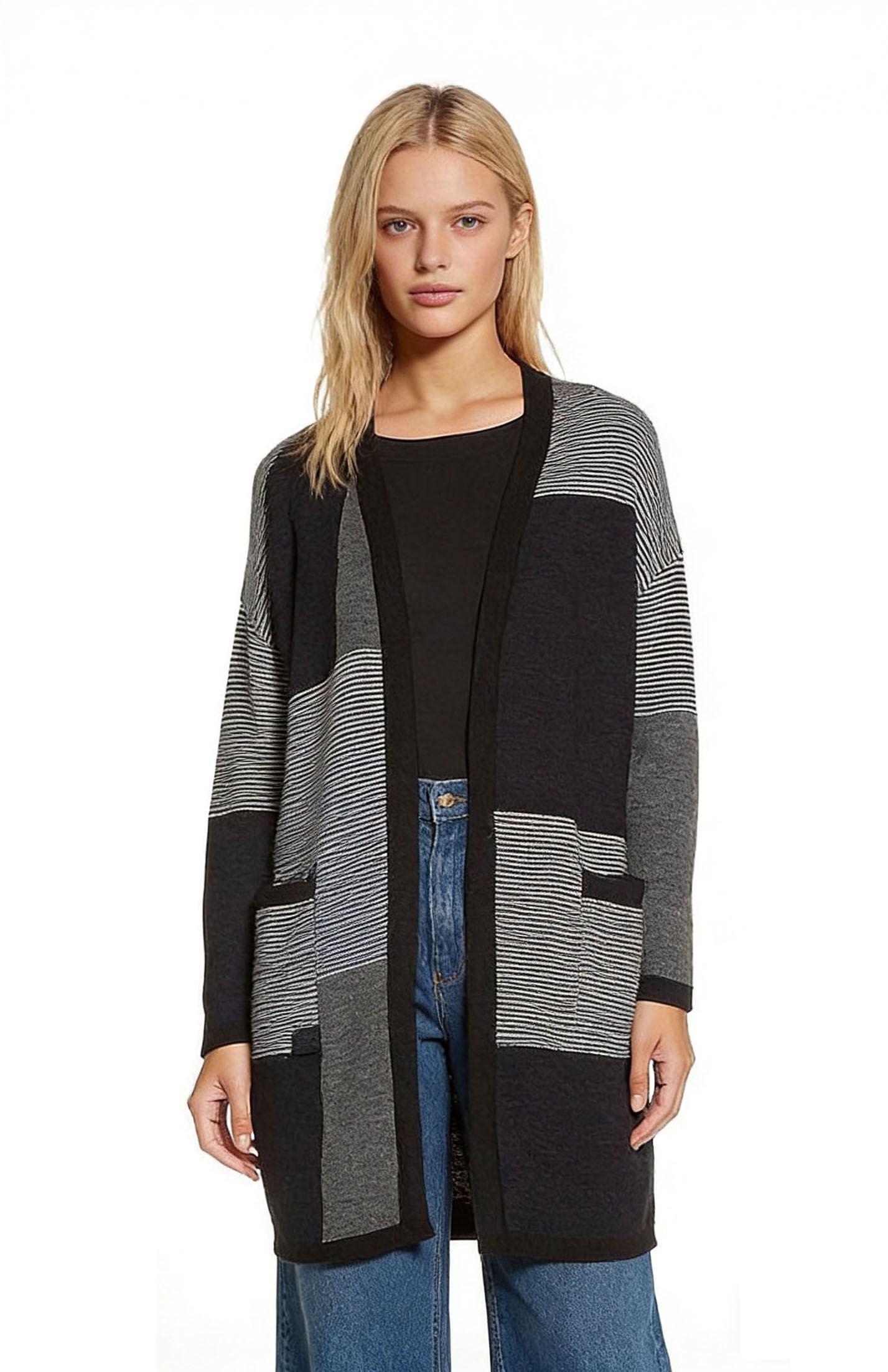 Black & Grey Stripe Patchwork Cardigan