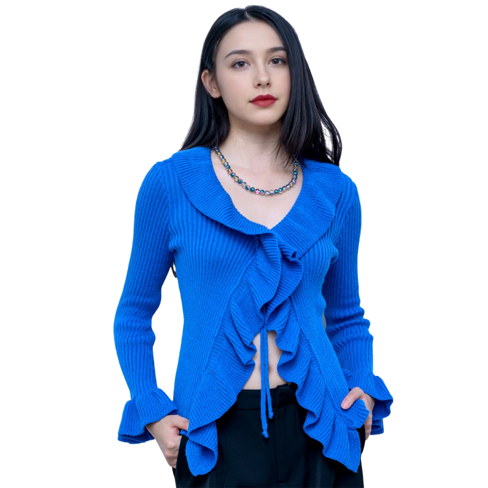 Klein Blue Ruffled Drawstring Knit Cardigan