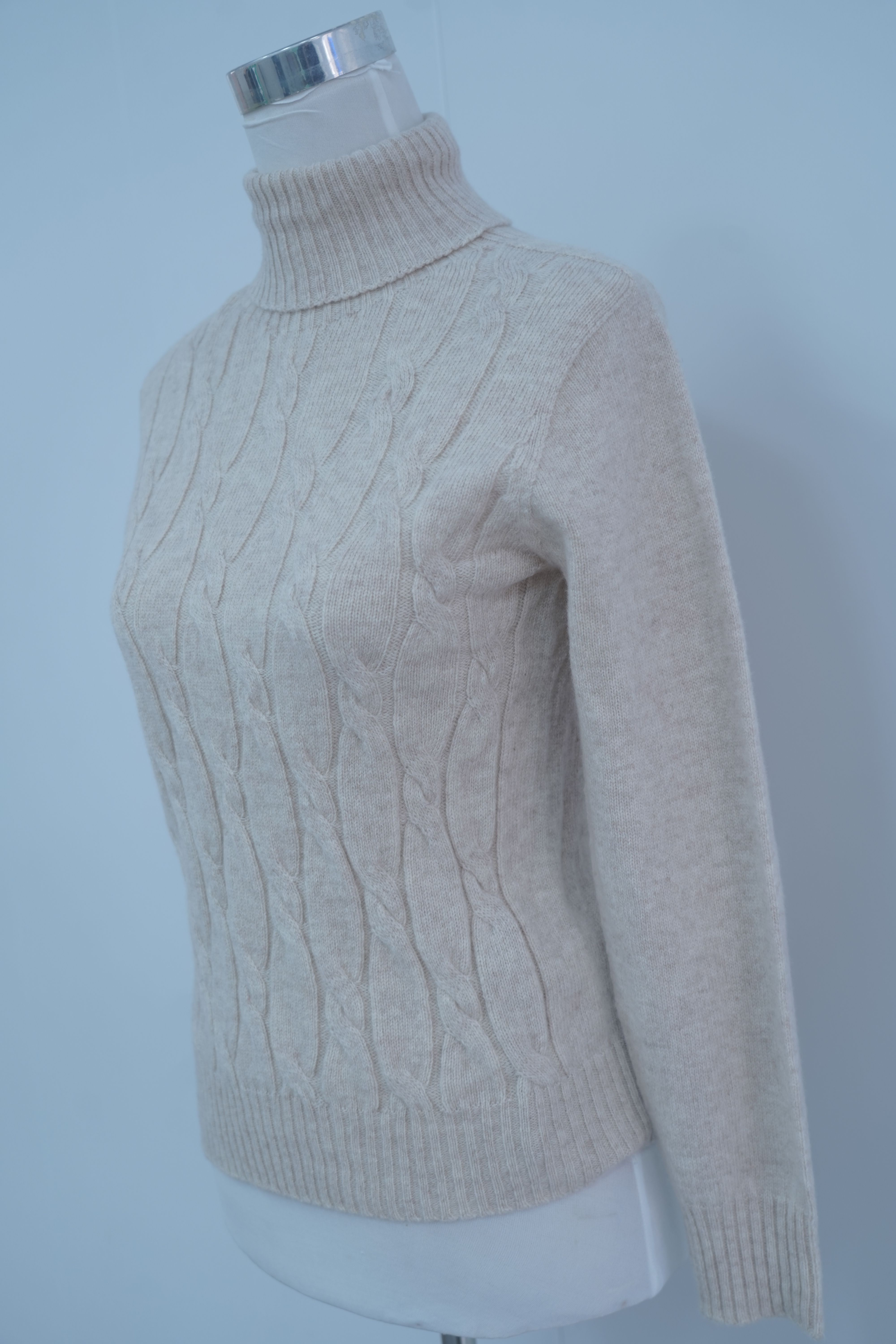 s013Beige Apricot Mock Neck Full Cable-Knit Sweater