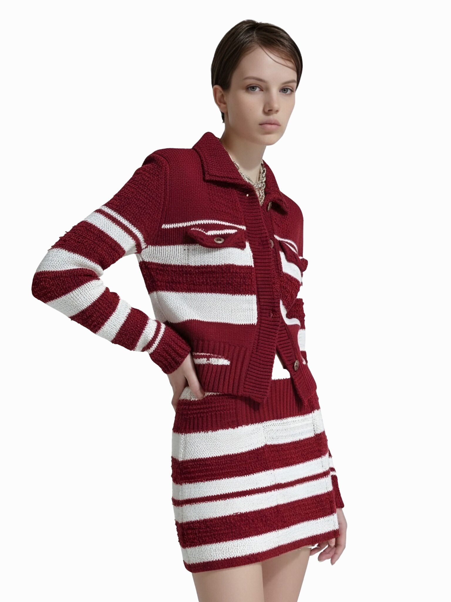 s065Burgundy & White Contrast Stripe Collared Knit Co-ord Set