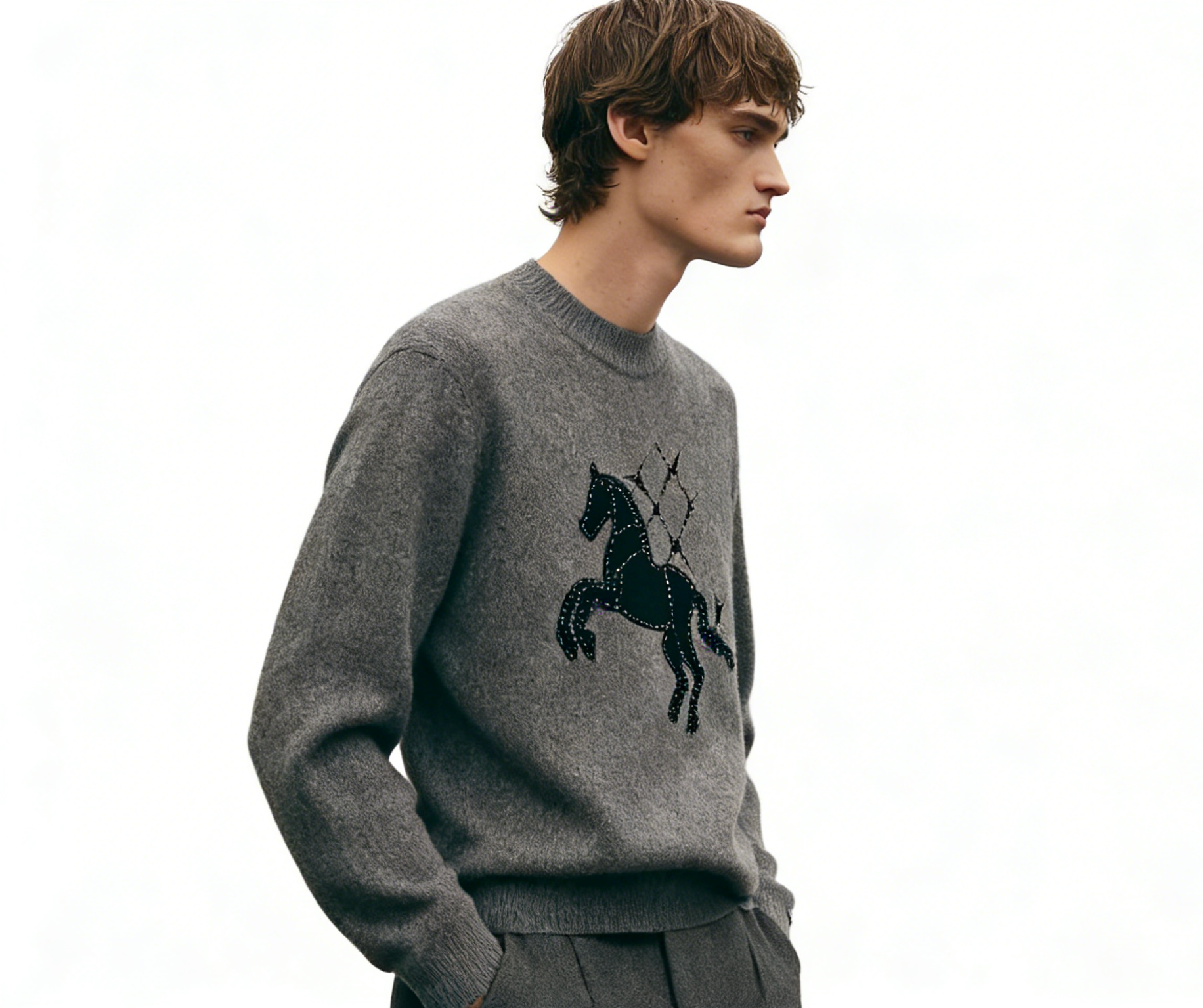 m028Starry Galloping Horse Flocked Beaded Crewneck Knit Sweater