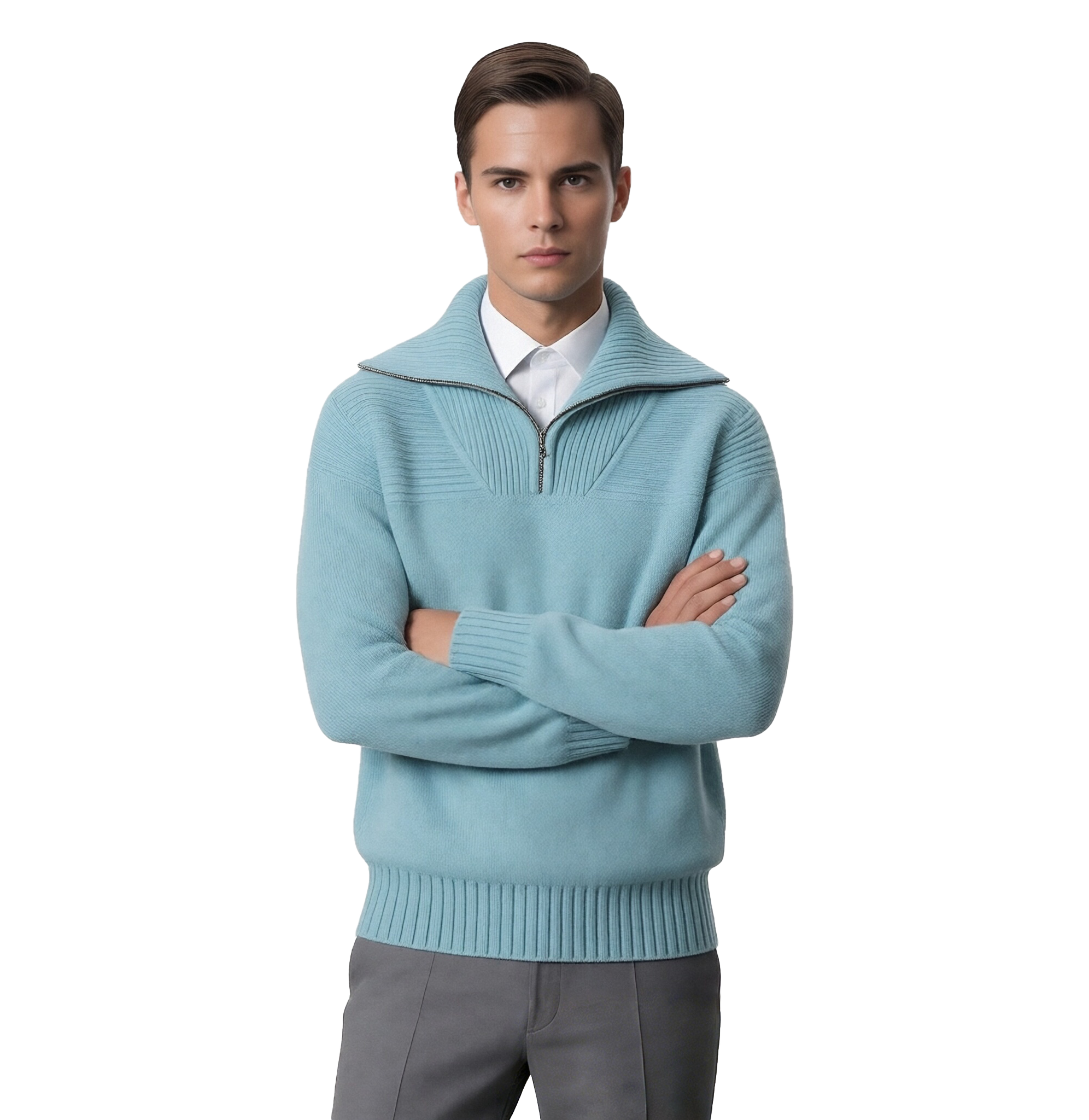m002Sky Blue Half-Zip Funnel Neck Knit Sweater