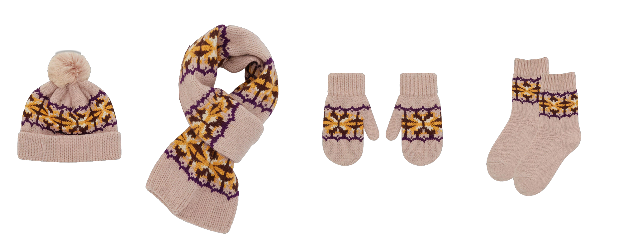 Geometric Fair Isle Pom Pom 4-Piece Winter Set