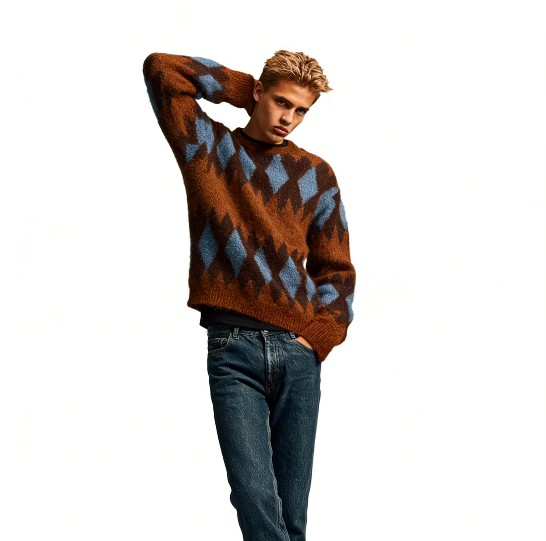 m015Brown & Blue Argyle Mohair Blend Crewneck Sweater