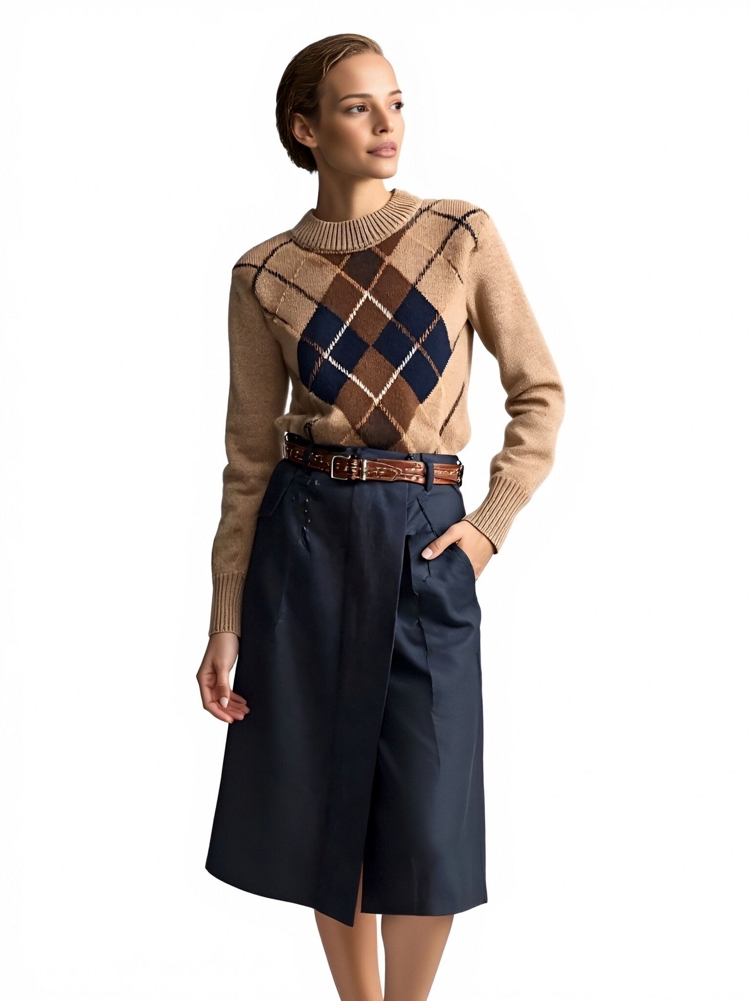 s095Camel Argyle Vintage Knit Sweater