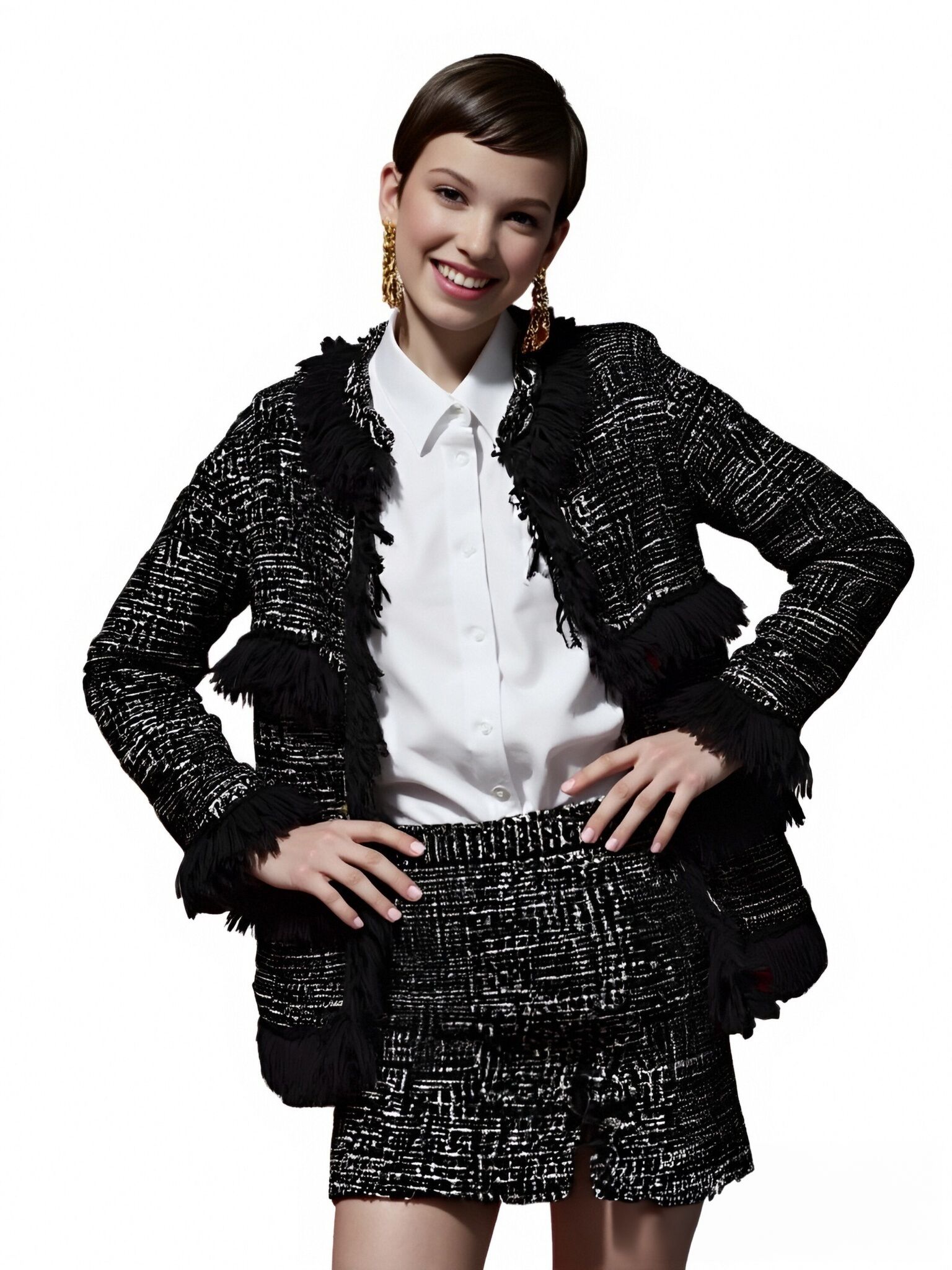 s061Black & White Tweed Fringe Trimmed Chanel-Style Co-ord Set