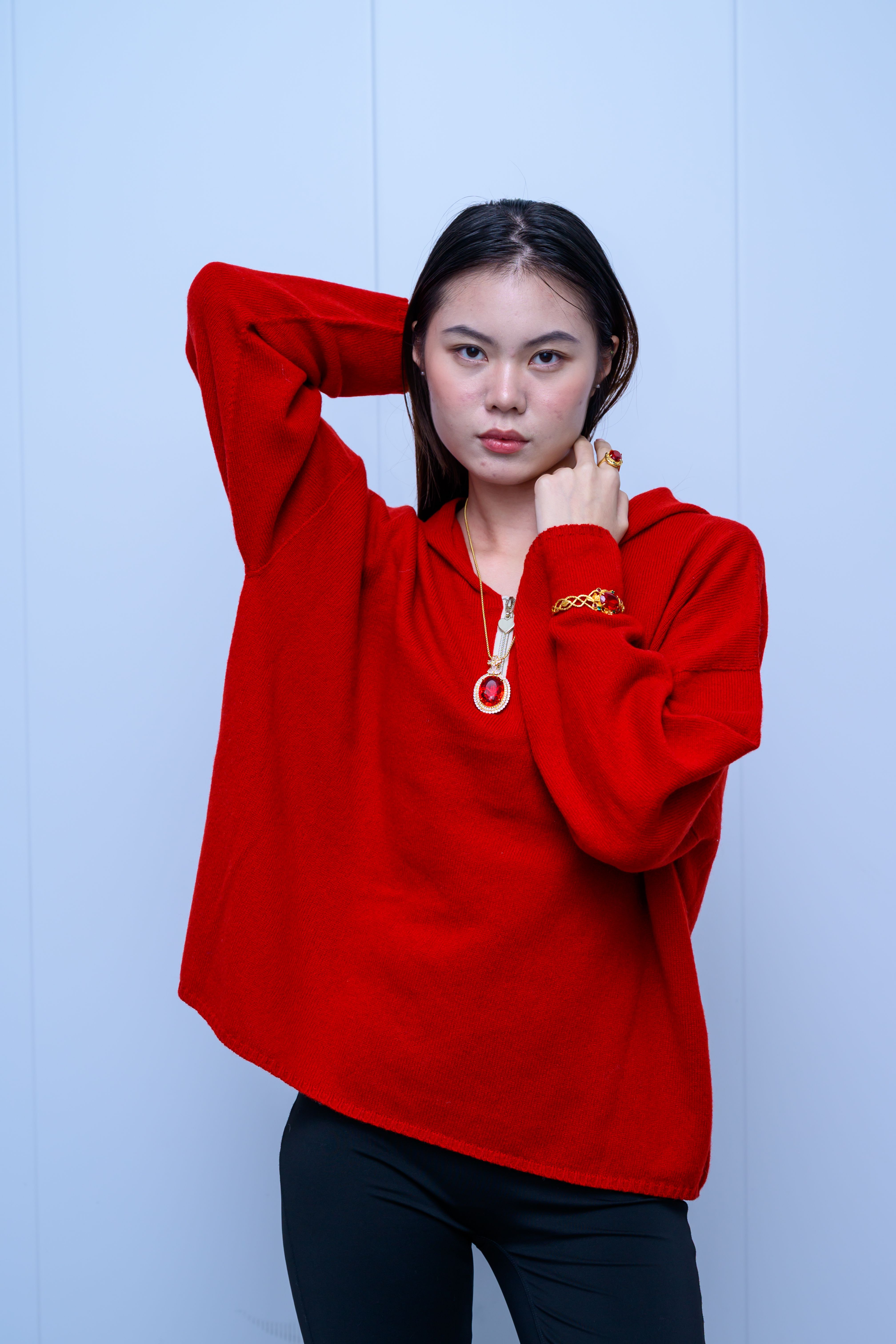 s029Bright Red Oversized Hooded Knit Sweater