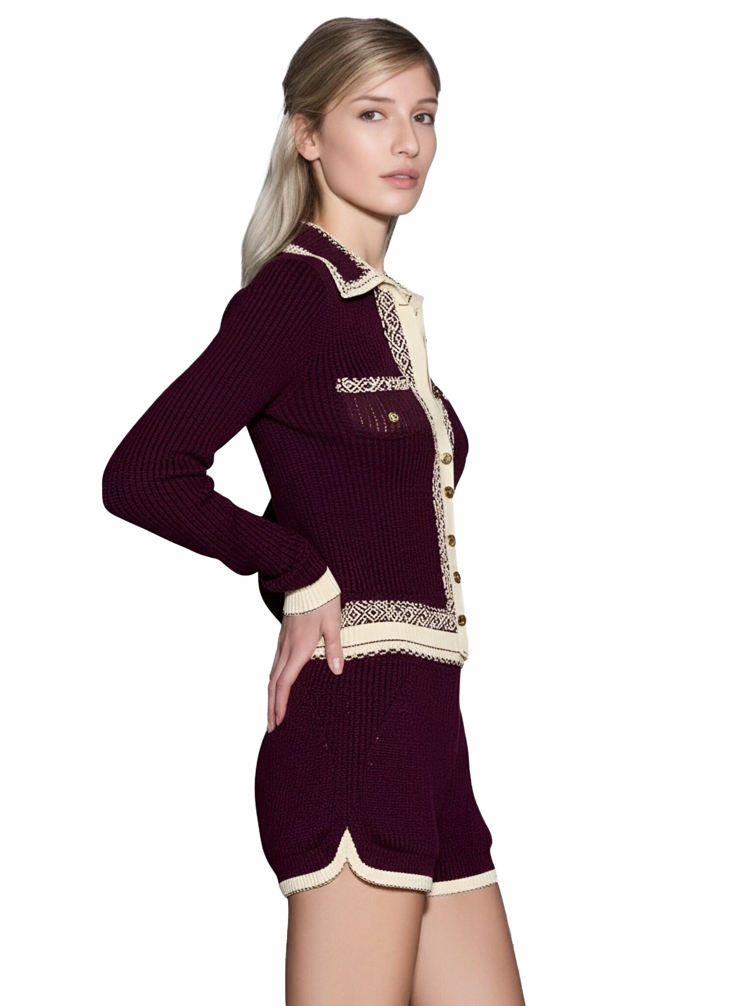 s066Burgundy & Off-White Contrast Jacquard Collared Knit Co-ord Set