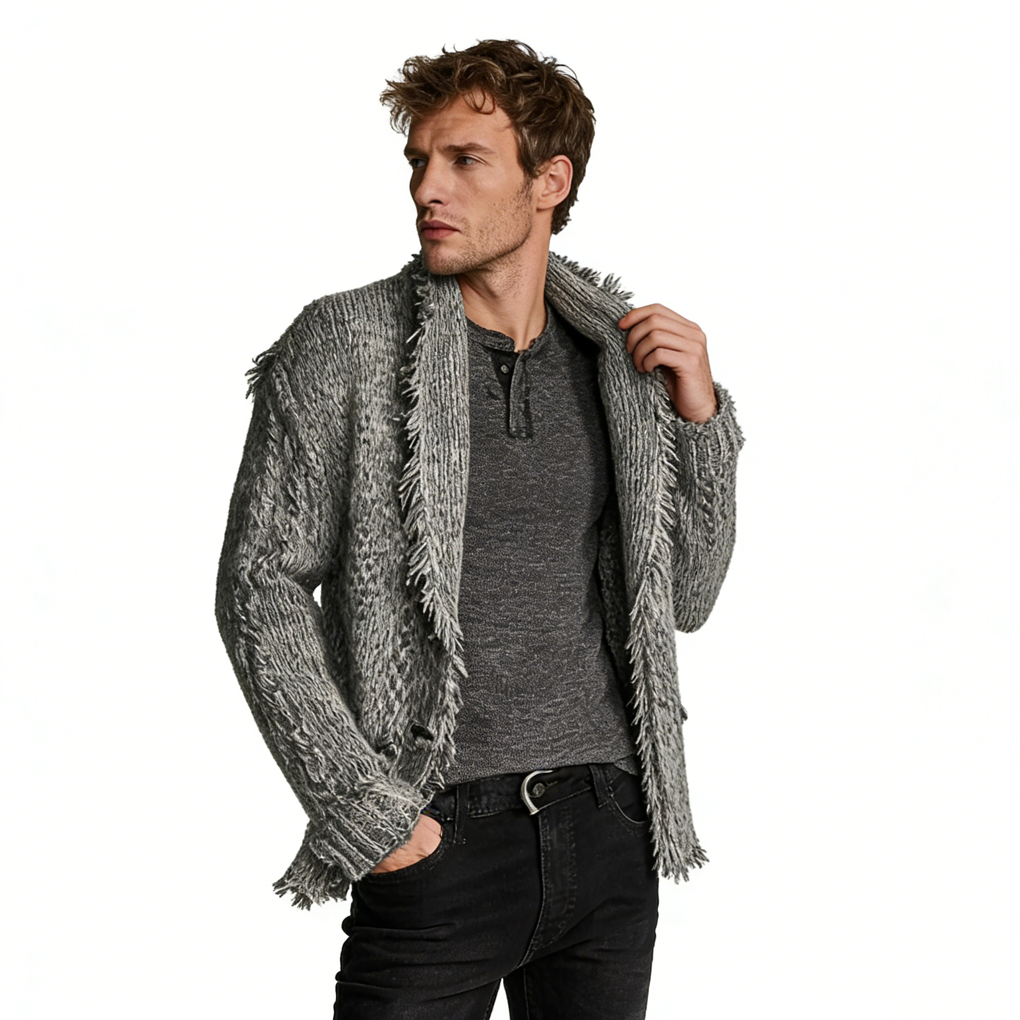 m012Heathered Stone Fringed Shawl Collar Cardigan